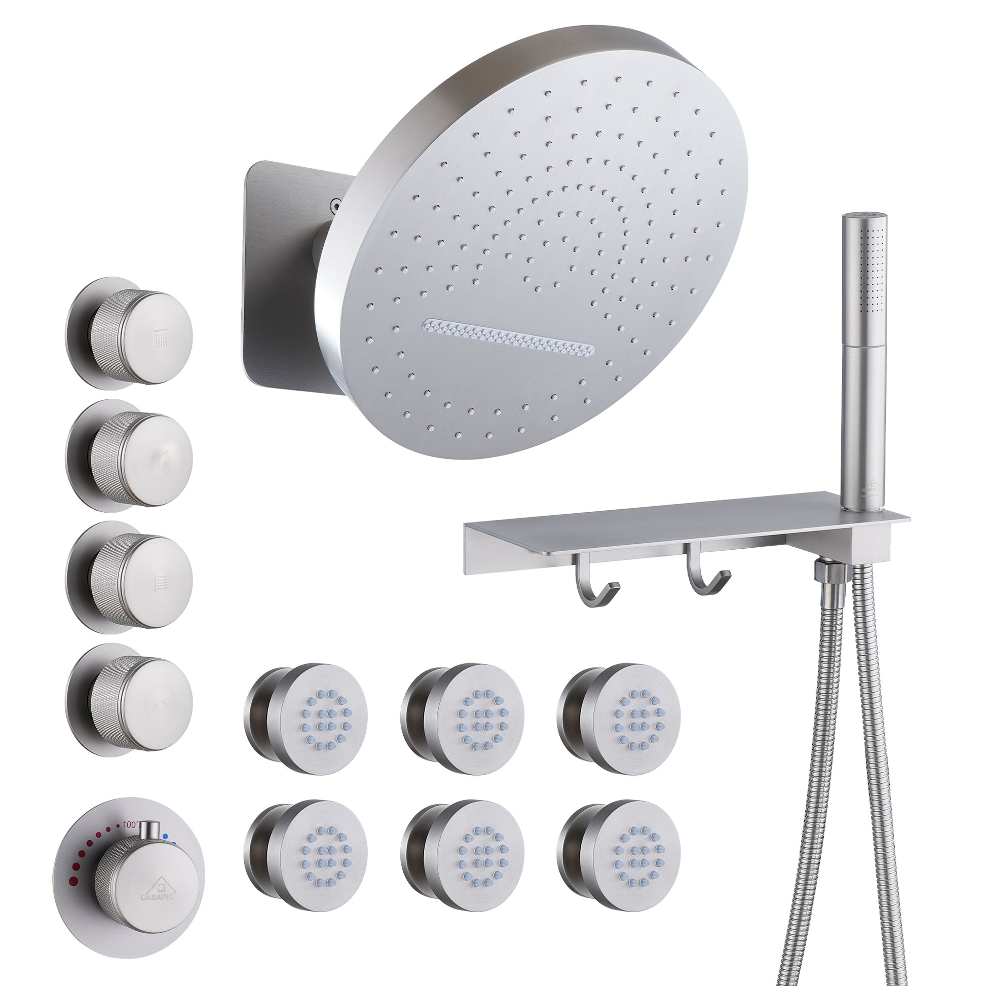 12" Adjustable Shower Head With Shelf Shower System, Hand Shower With Spray Gun Function