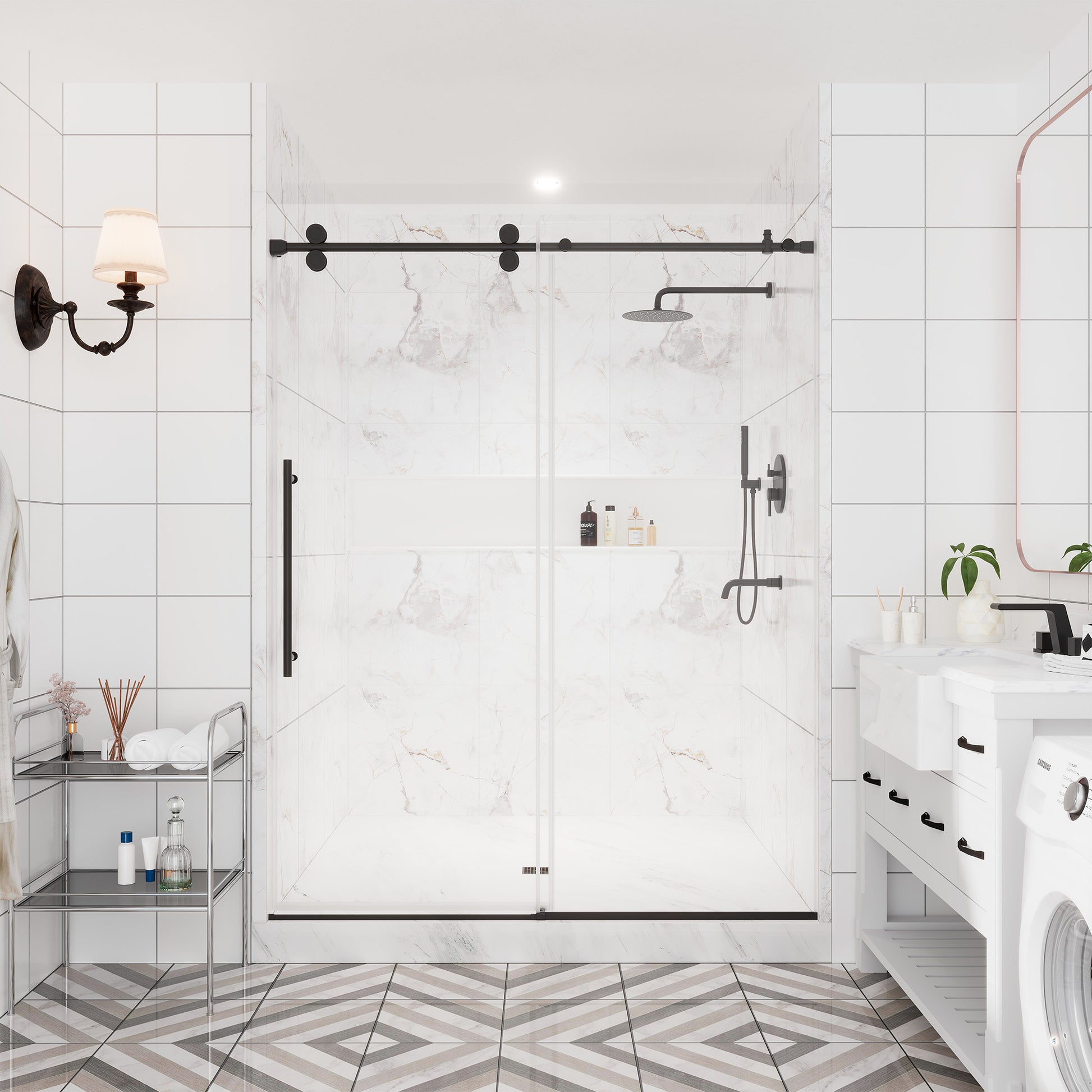 60"x76" Single Sliding Frameless Shower Door in Matte Black/Brushed Nickel/Chrome, 5/16" Thick Tempered Glass with SGCC Certification, Reversible Design