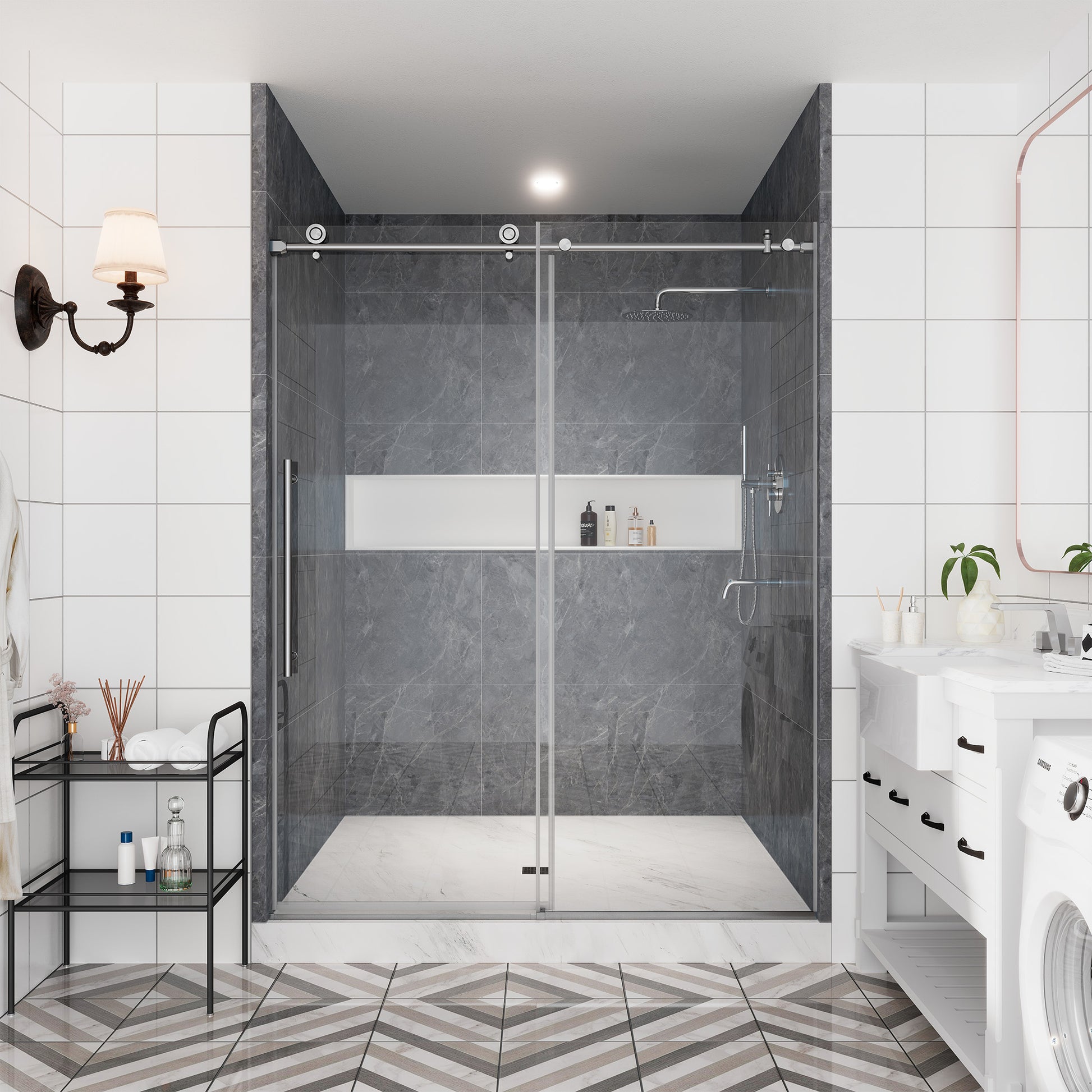 60"x76" Single Sliding Frameless Shower Door in Matte Black/Brushed Nickel/Chrome, Stainless Steel Wheels featuring an Anti-Skid Design