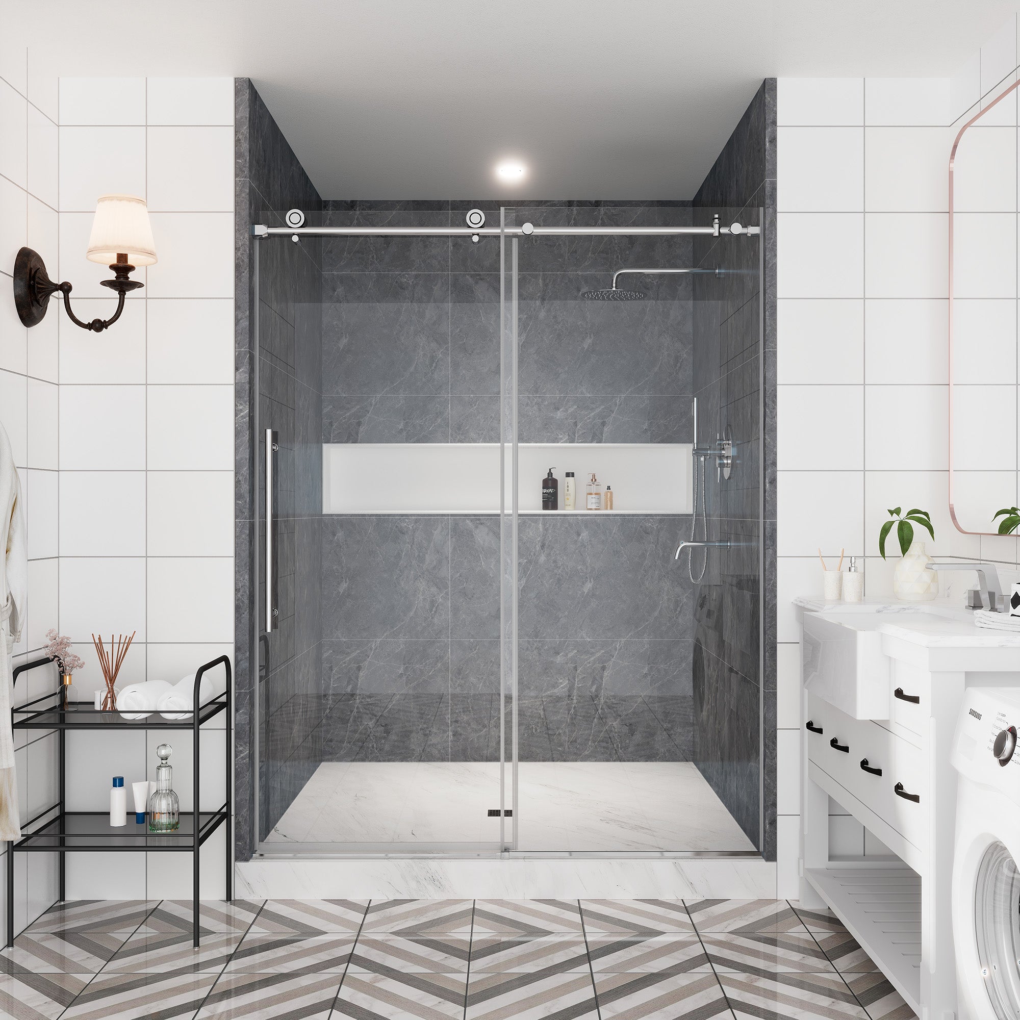 60"x76" Single Sliding Frameless Shower Door in Matte Black/Brushed Nickel/Chrome, Stainless Steel Wheels featuring an Anti-Skid Design