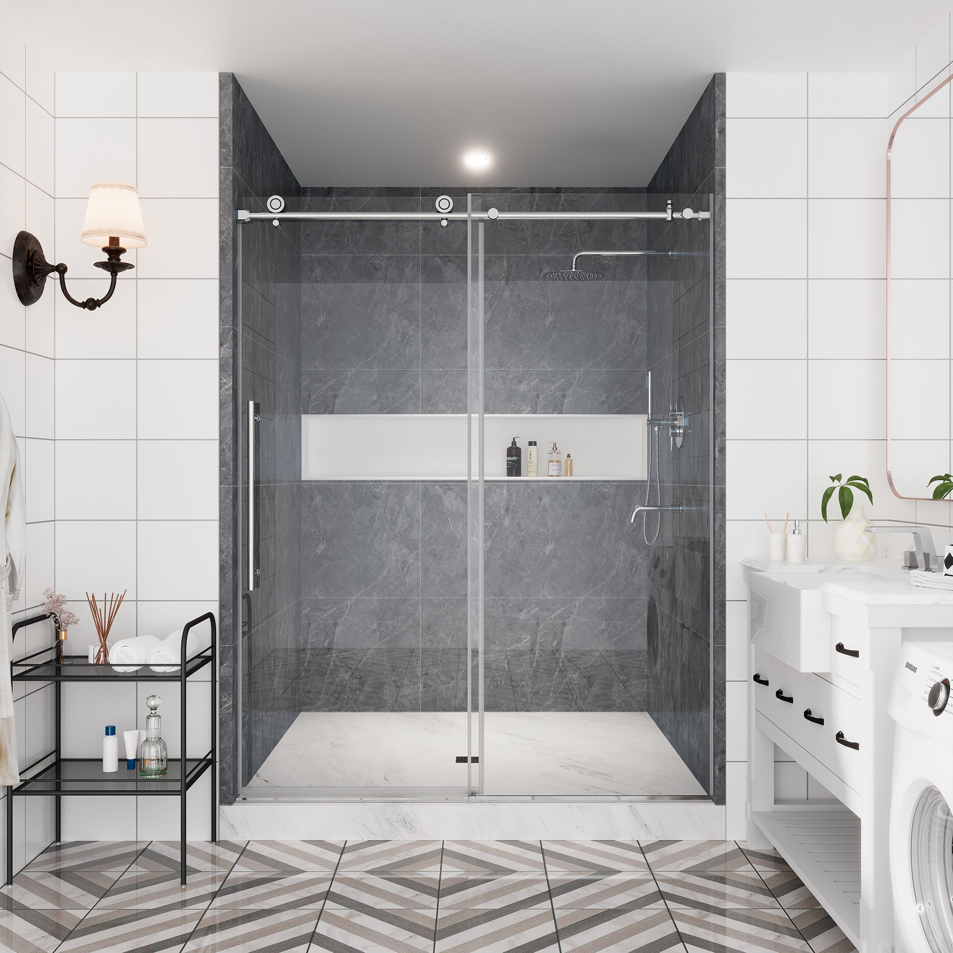 60"x76" Single Sliding Frameless Shower Door in Matte Black/Brushed Nickel/Chrome, Stainless Steel Wheels featuring an Anti-Skid Design