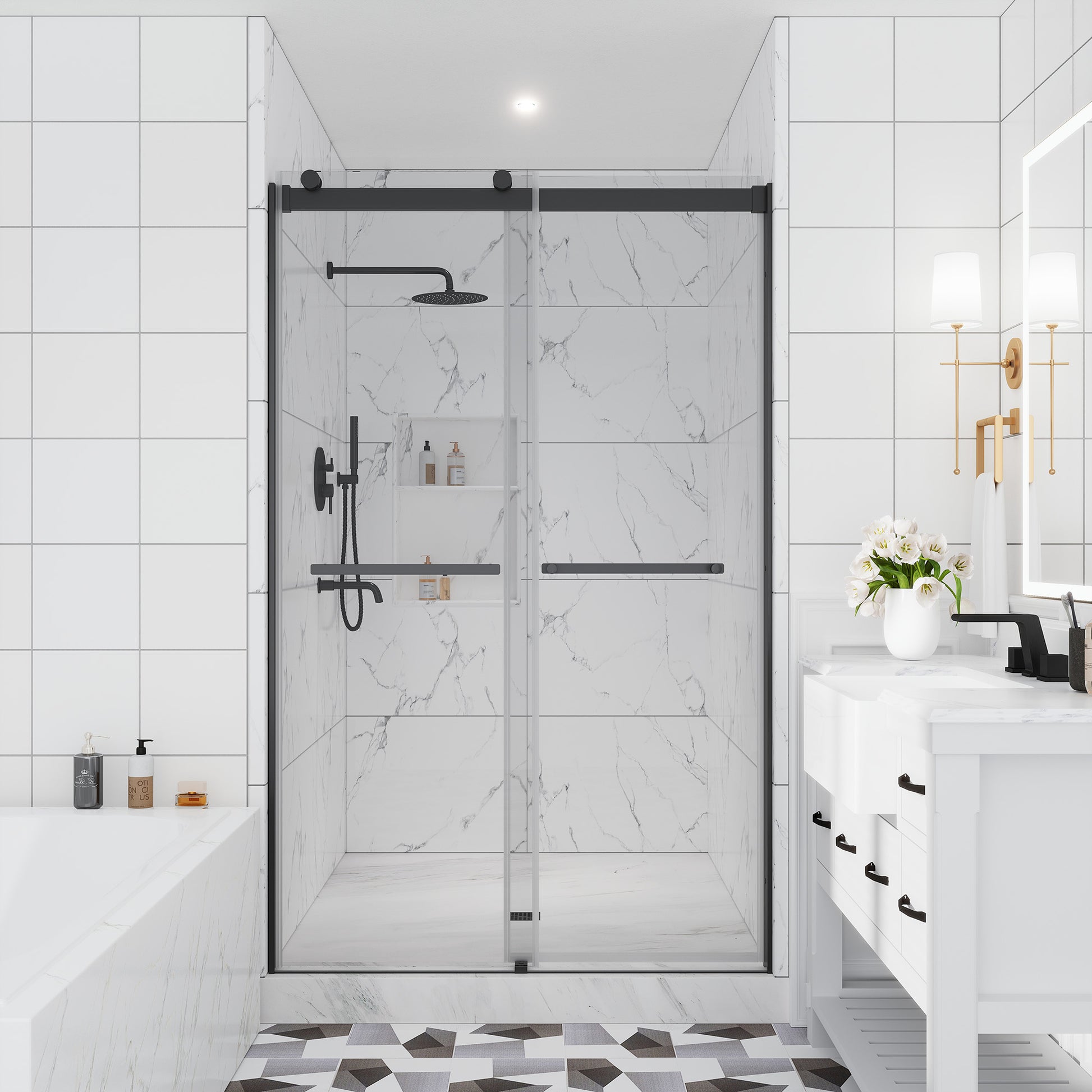 48"x76" Double Frameless Shower Door in Matte Black/Brushed Nickel/Chrome, Sliding Shower Enclosure with Rounded Corners Tempered Glass