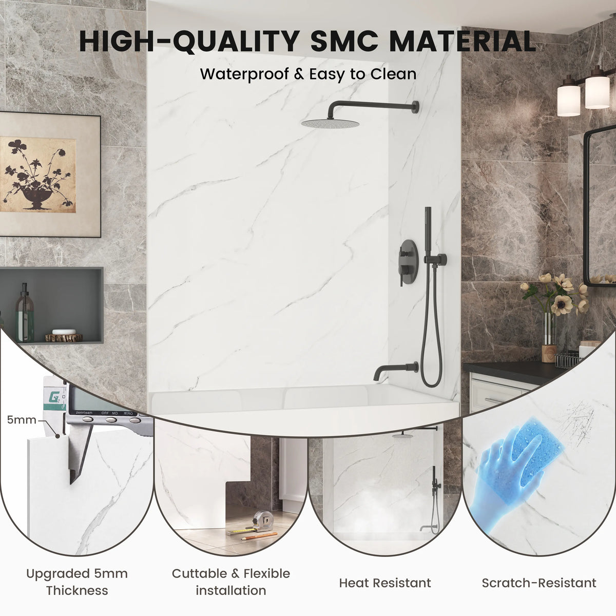 60"x36"x96" SMC Shower Wall Panels, Waterproof Grout-Free Shower Surround in 6 Finishes