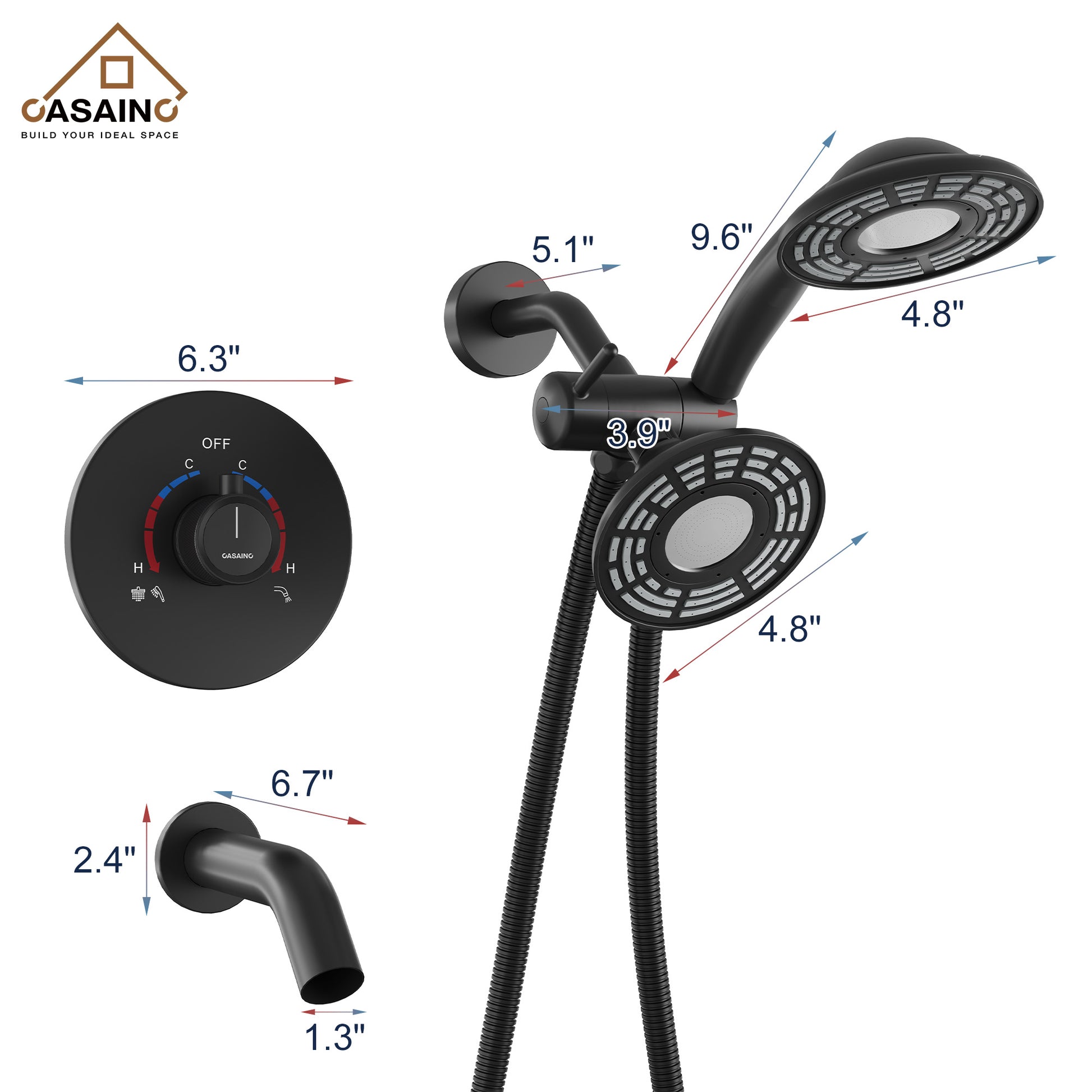 5-inch 3-Function Shower Faucet with Handheld & Tub Spout