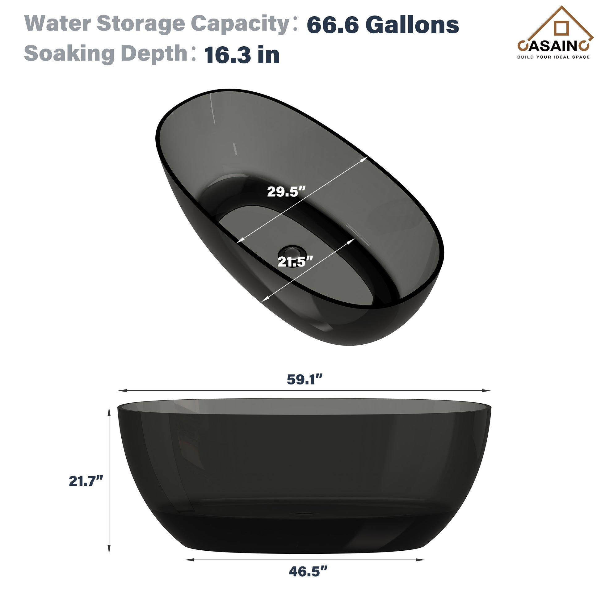 59"/67" Pure Resin Freestanding Transparent Bathtub with Center Drain