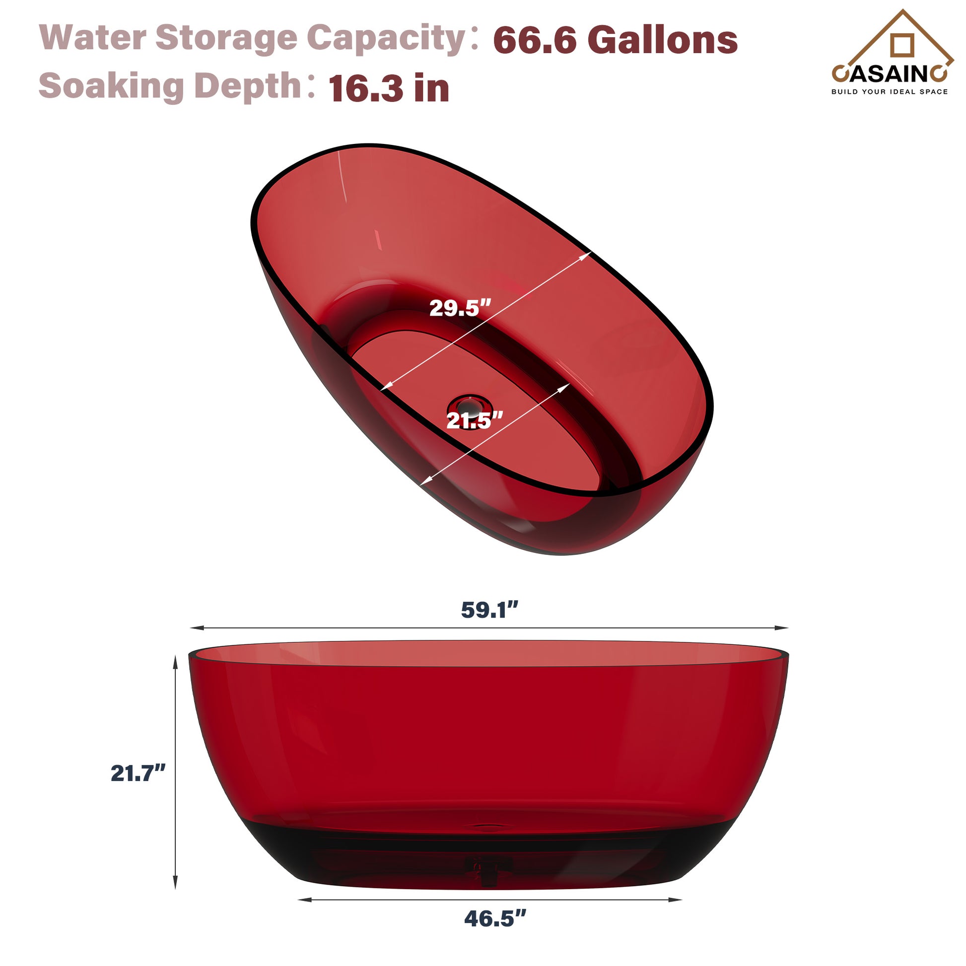 59"/67" Pure Resin Freestanding Transparent Bathtub with Center Drain
