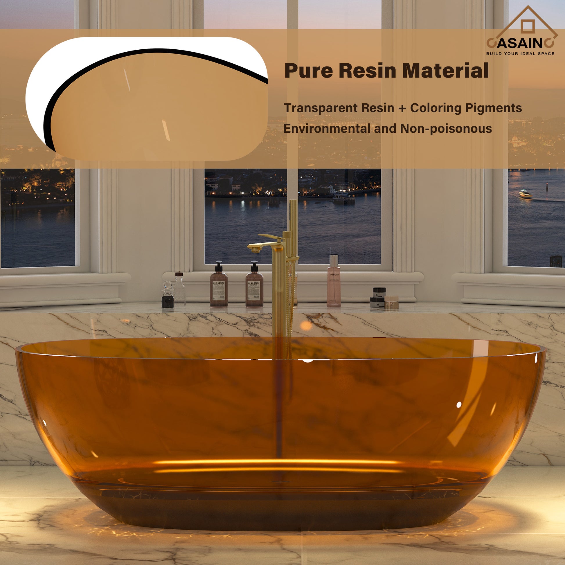59"/67" Pure Resin Freestanding Transparent Bathtub with Center Drain