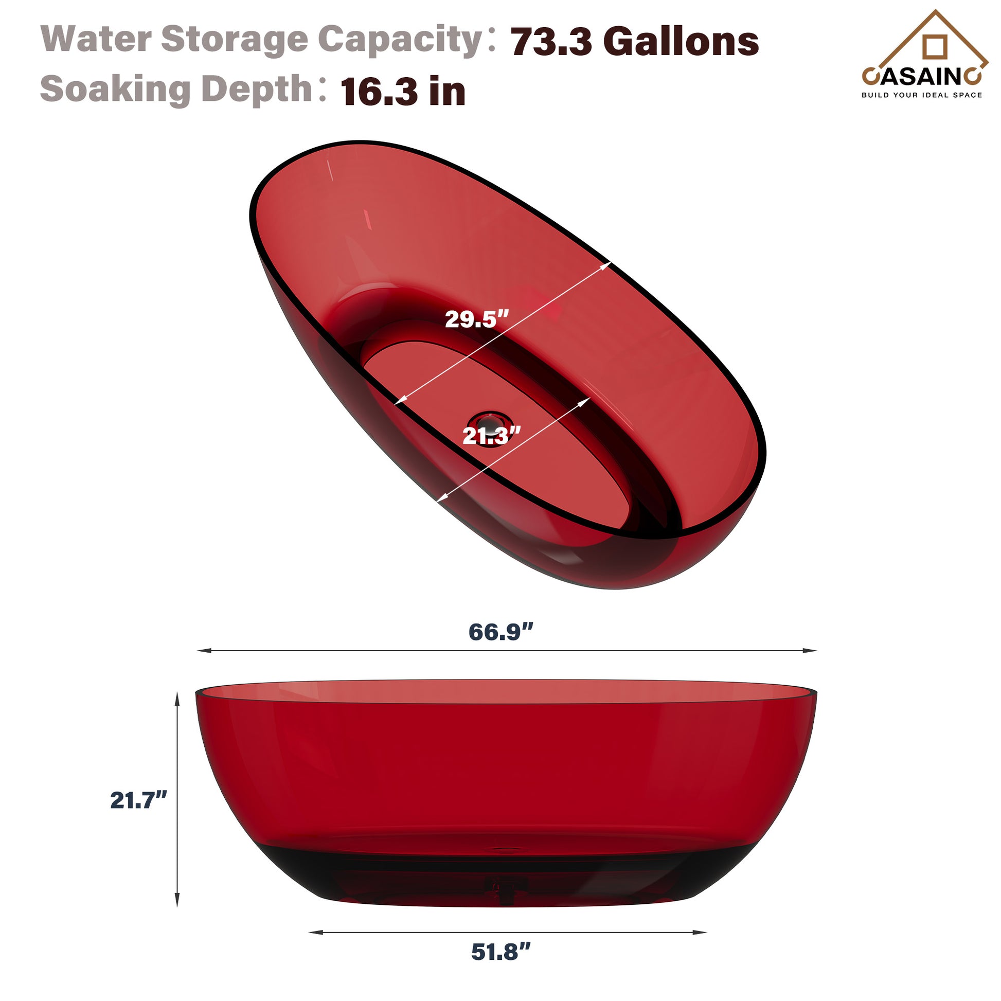 59"/67" Pure Resin Freestanding Transparent Bathtub with Center Drain
