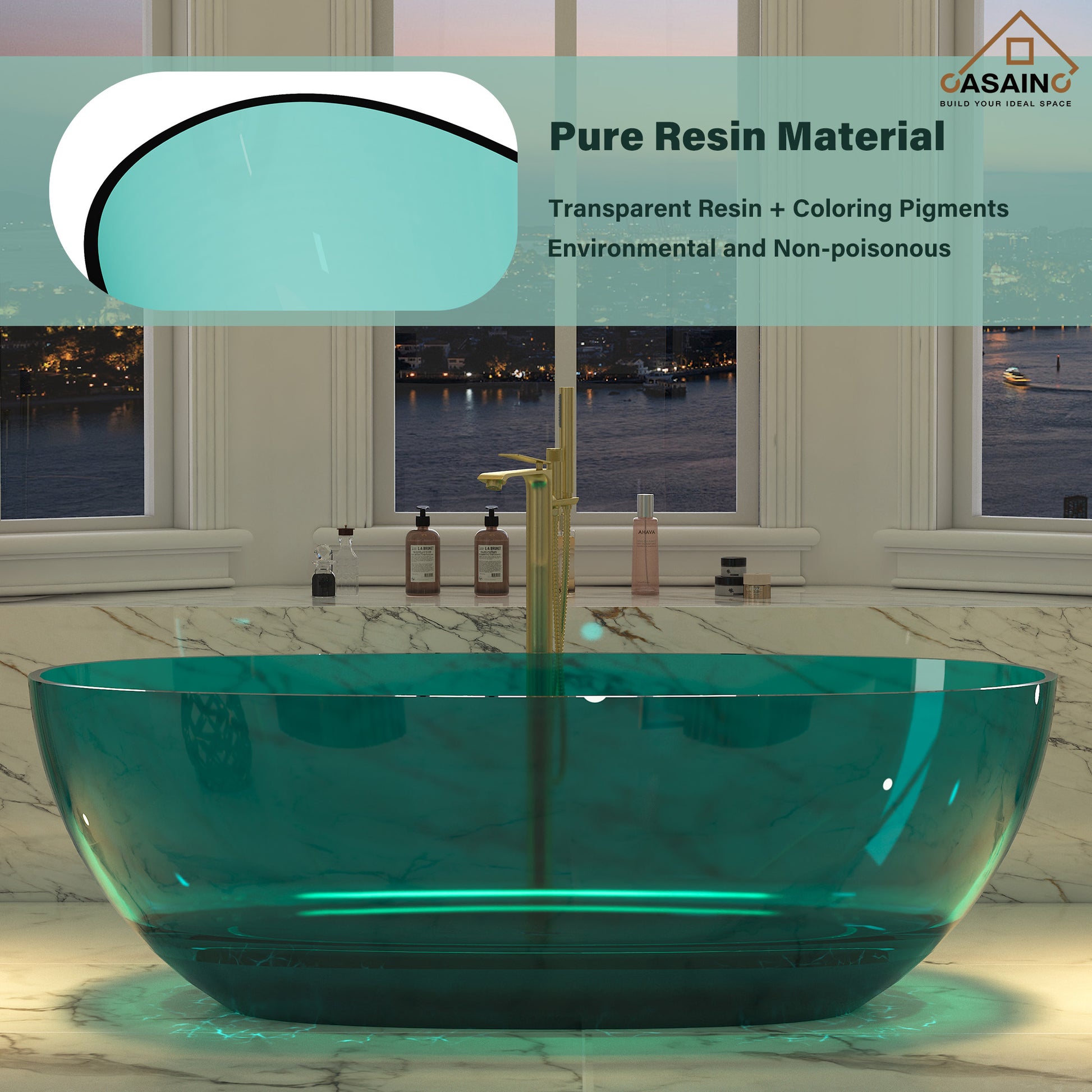 59"/67" Pure Resin Freestanding Transparent Bathtub with Center Drain