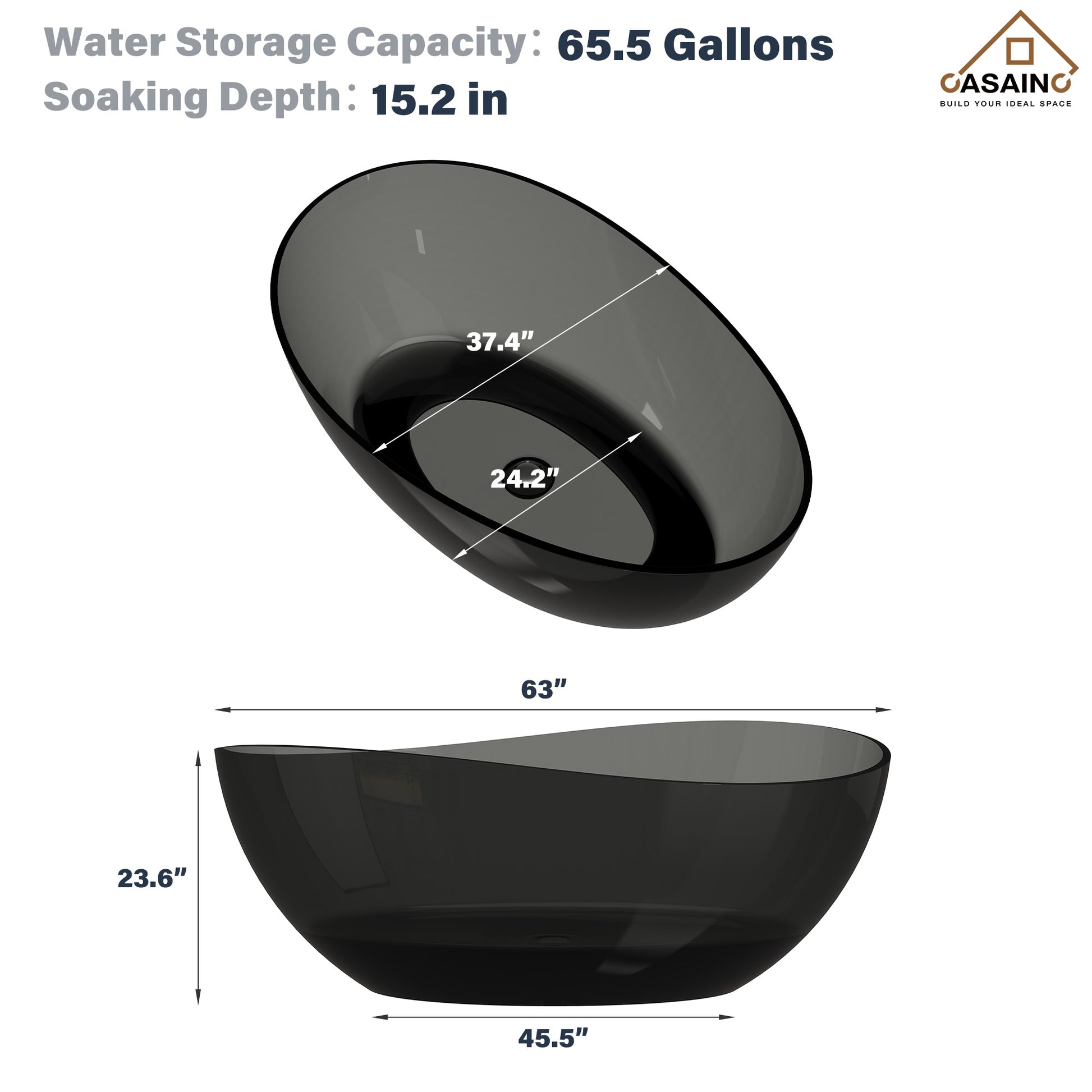63" Unique Shaped Transparent Resin Freestanding Bathtub with Central Drain