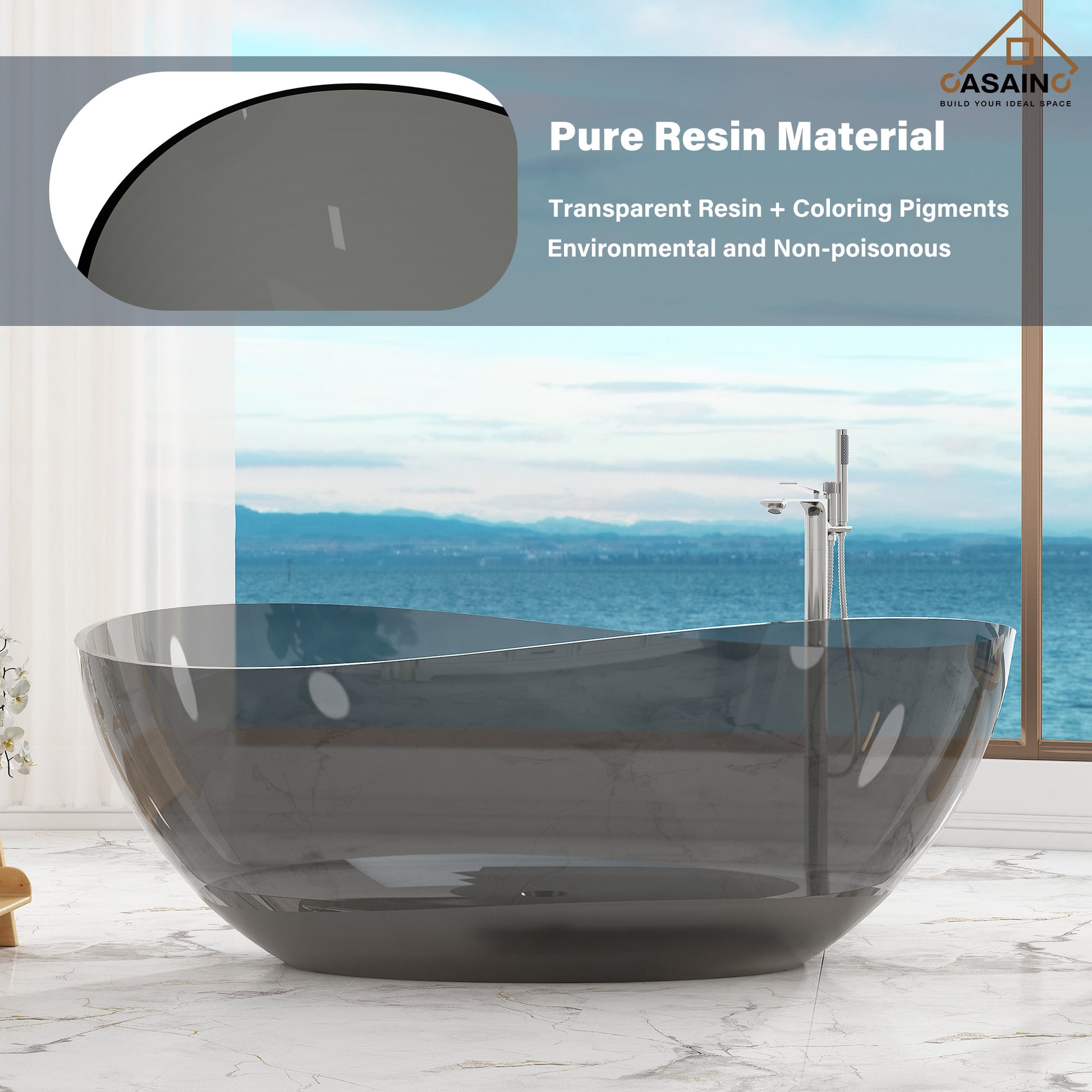 63" Unique Shaped Transparent Resin Freestanding Bathtub with Central Drain
