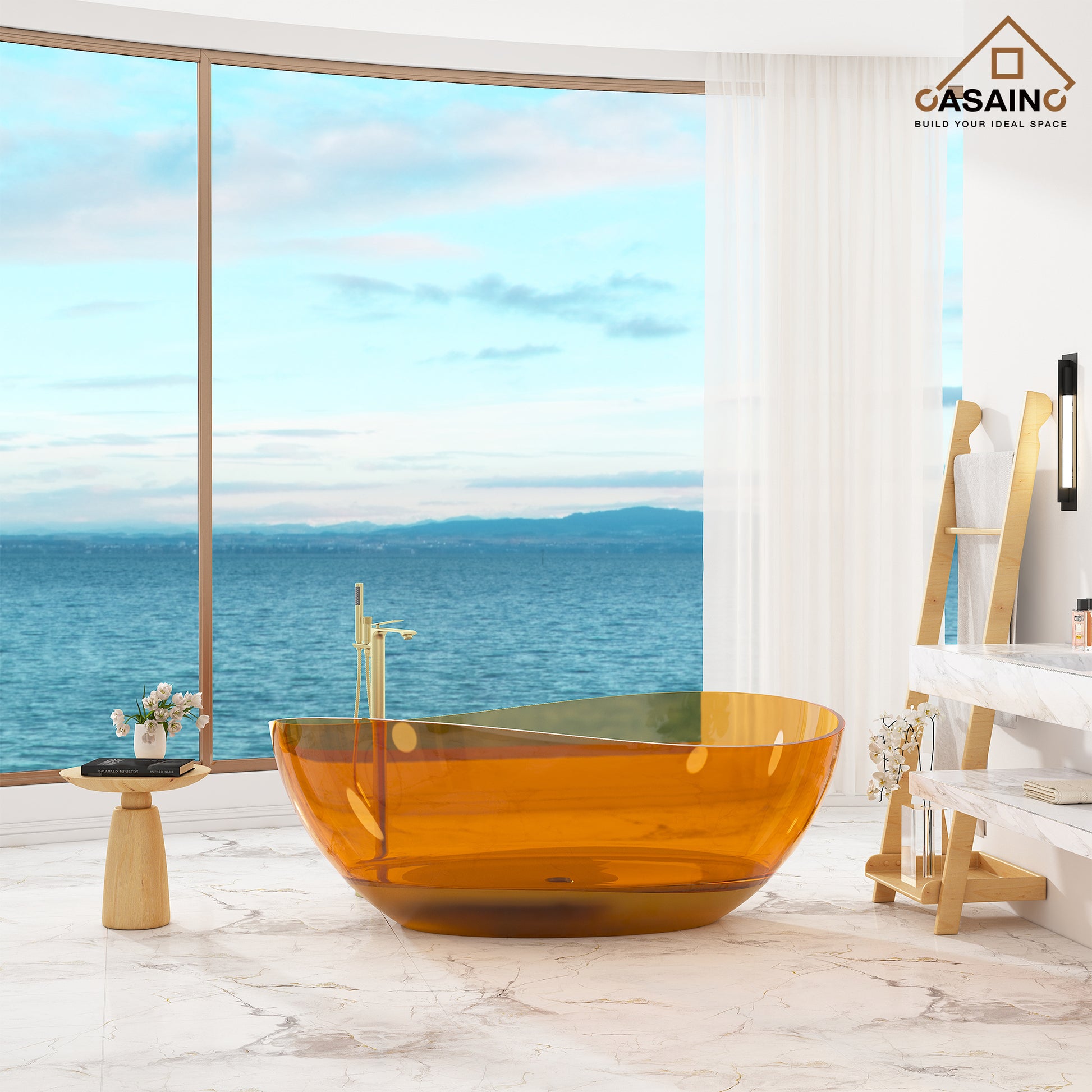 63" Unique Shaped Transparent Resin Freestanding Bathtub with Central Drain