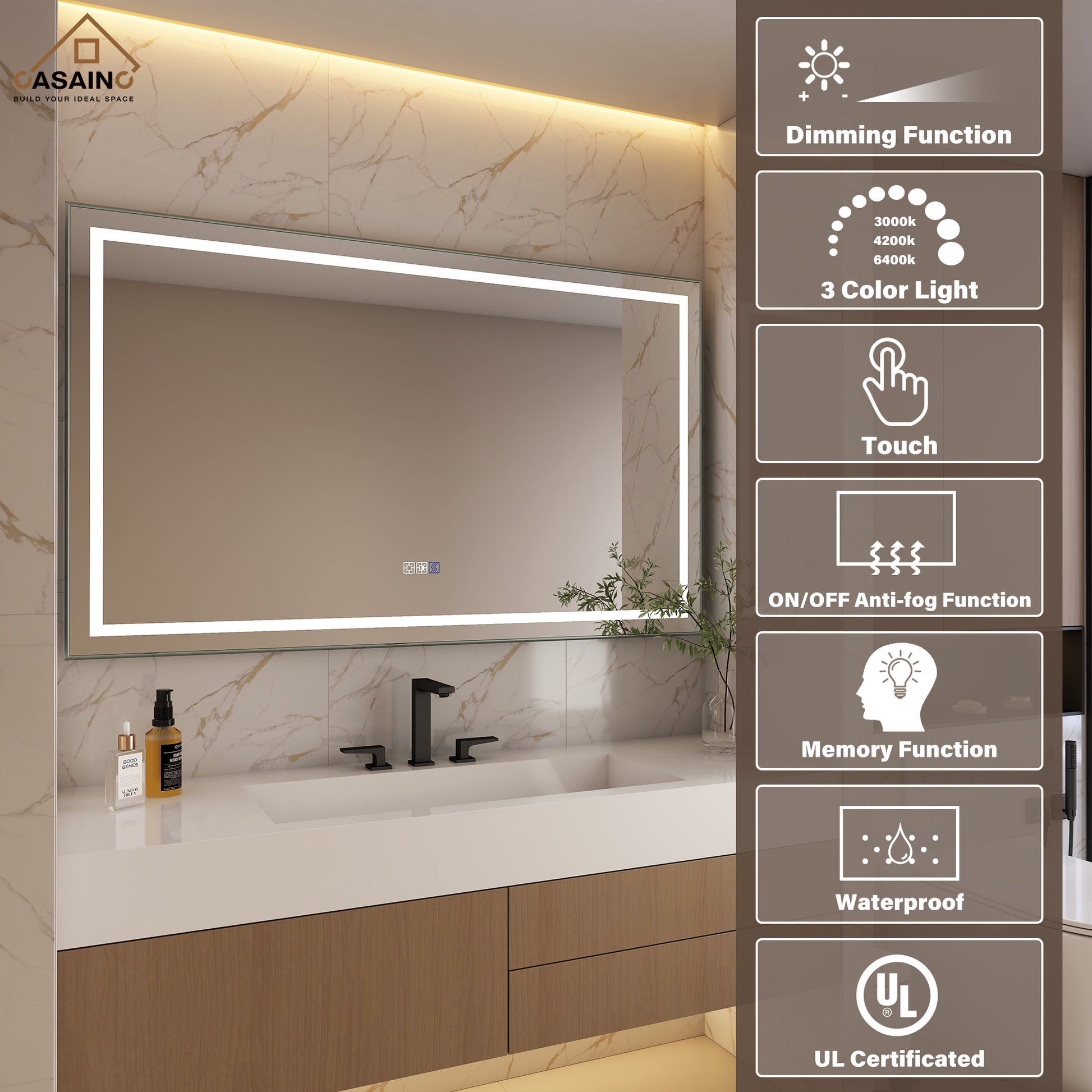 Frameless Rectangular LED Bathroom Mirror with Anti-Fog, Shatter-Proof