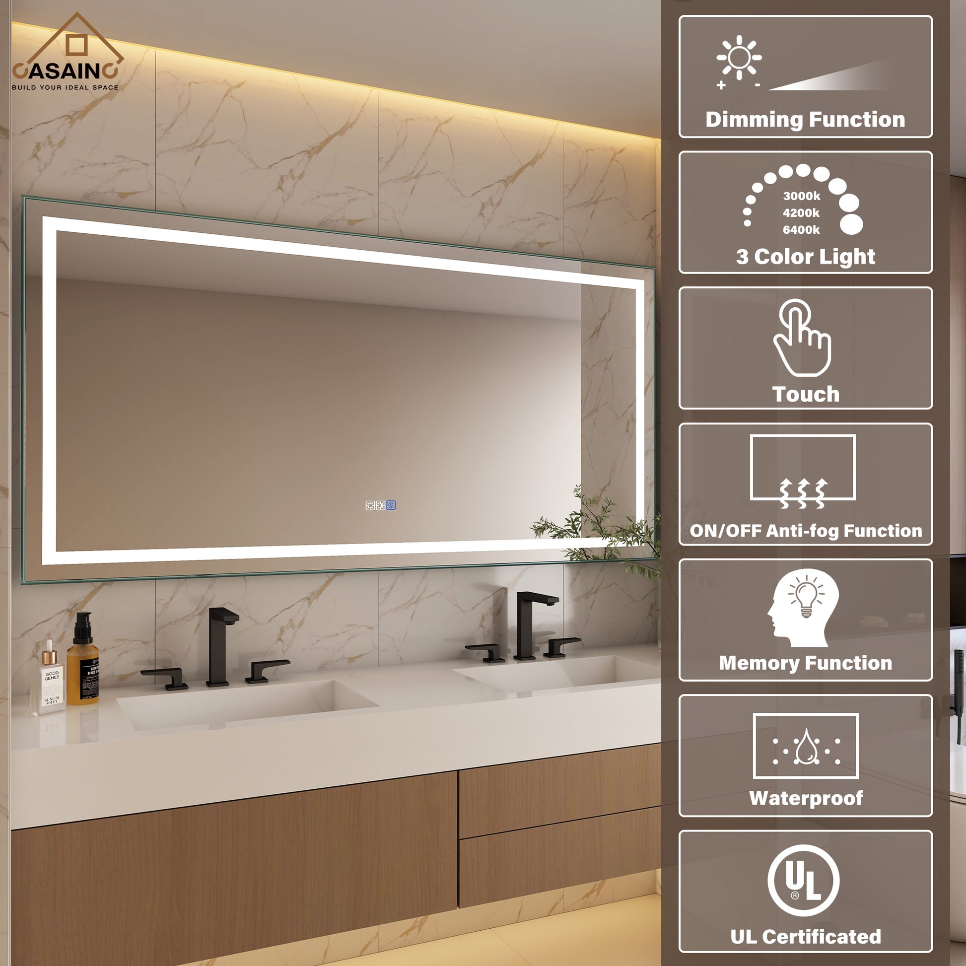 Frameless Rectangular LED Bathroom Mirror with Anti-Fog, Shatter-Proof