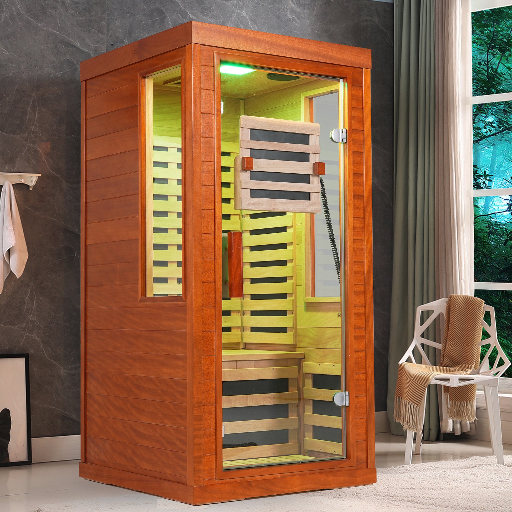 1-Person Far Infrared Sauna Front Door With Red Light Therapy, Low EMF Wooden Sauna Room