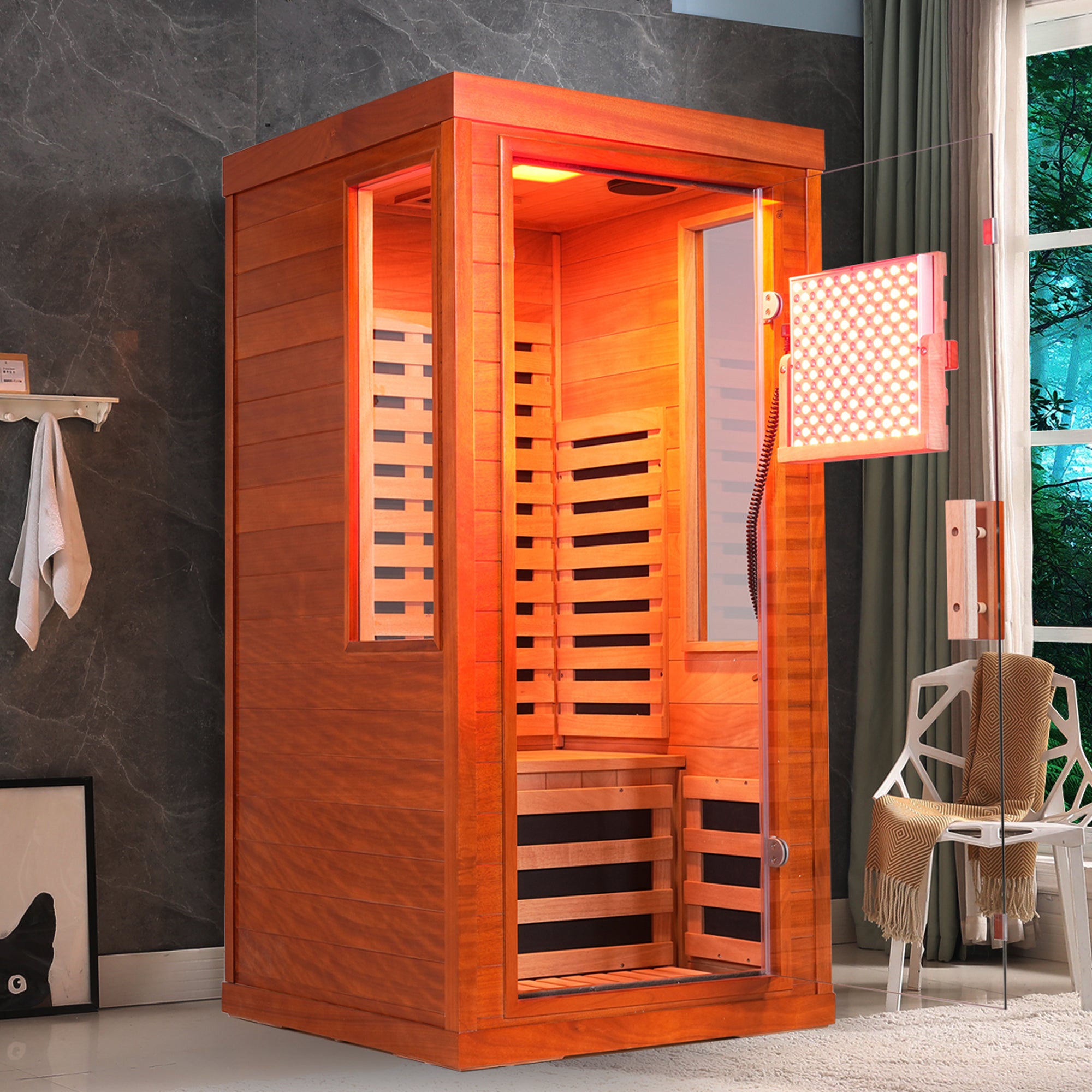 1-Person Far Infrared Sauna Front Door With Red Light Therapy, Low EMF Wooden Sauna Room