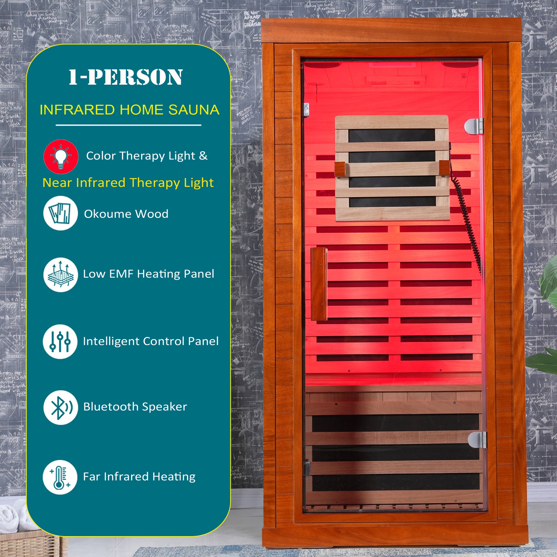 1-Person Far Infrared Sauna Front Door With Red Light Therapy, Low EMF Wooden Sauna Room