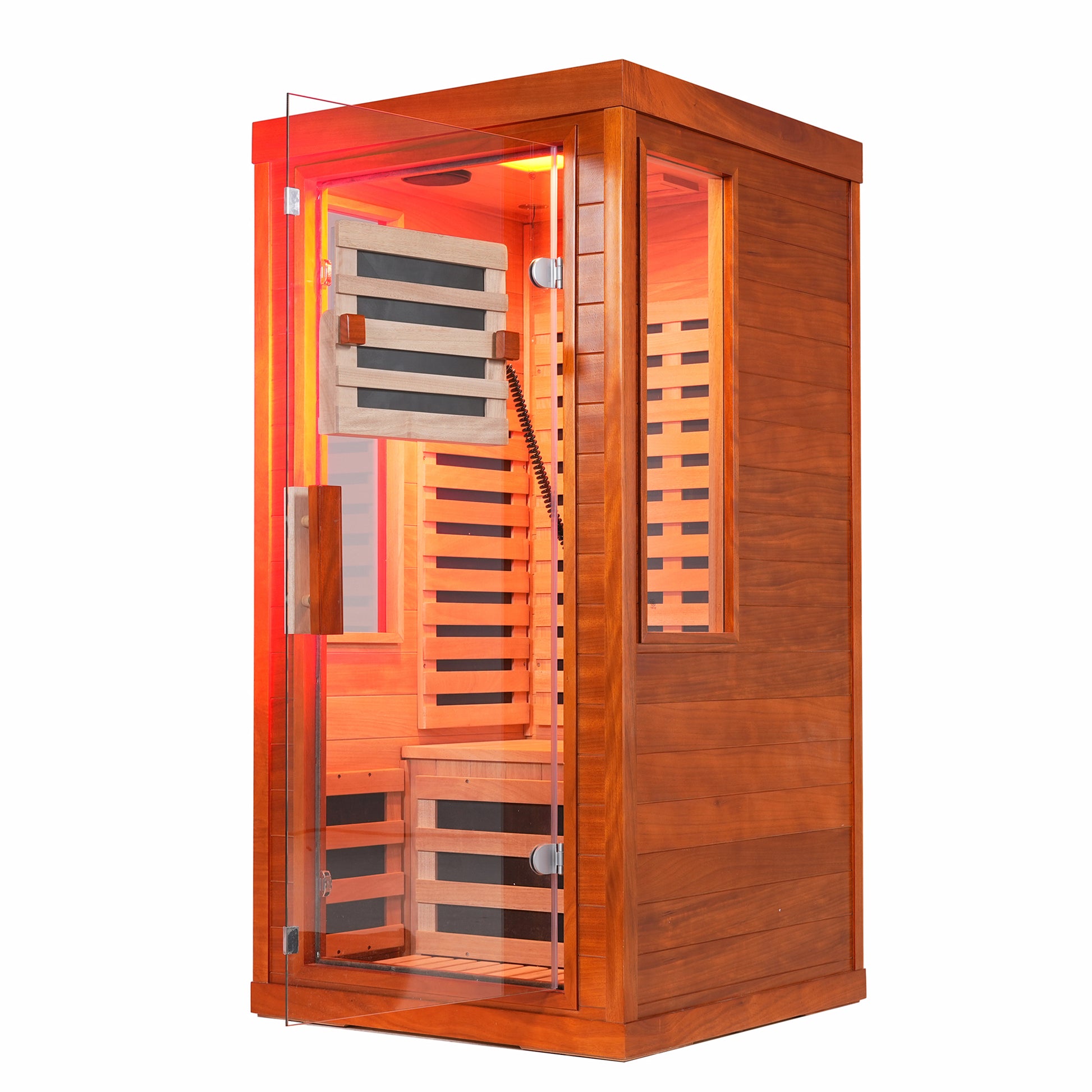 1-Person Far Infrared Sauna Front Door With Red Light Therapy, Low EMF Wooden Sauna Room