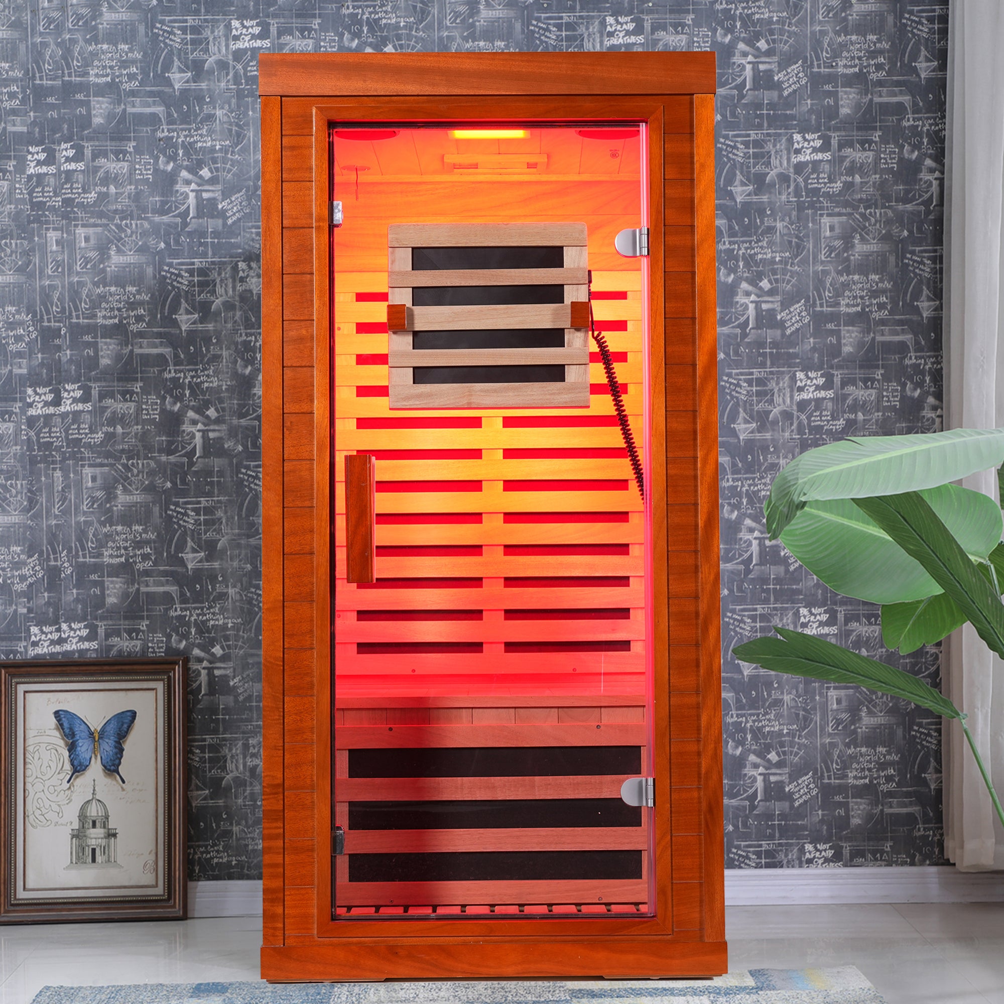 1-Person Far Infrared Sauna Front Door With Red Light Therapy, Low EMF Wooden Sauna Room