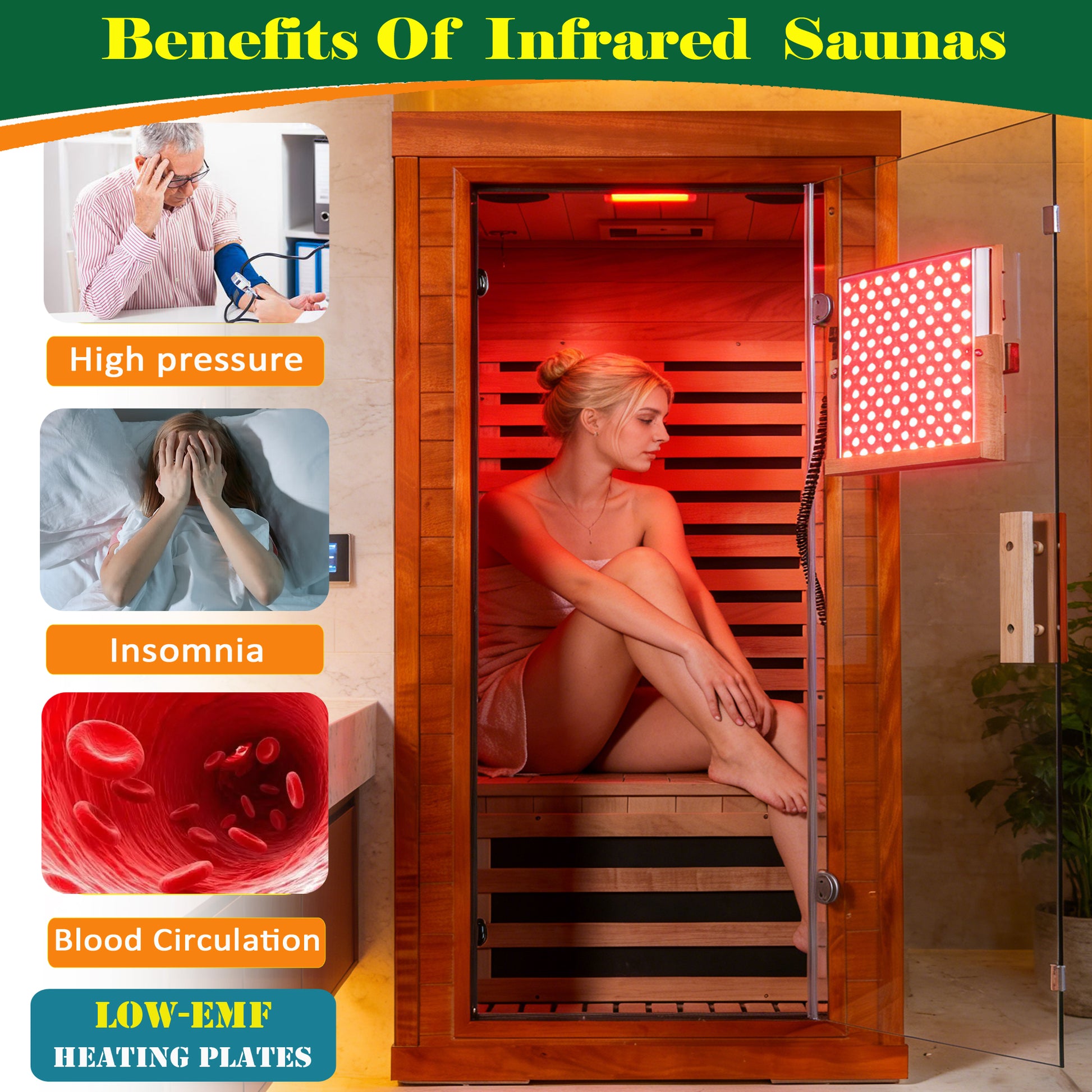 1-Person Far Infrared Sauna Front Door With Red Light Therapy, Low EMF Wooden Sauna Room