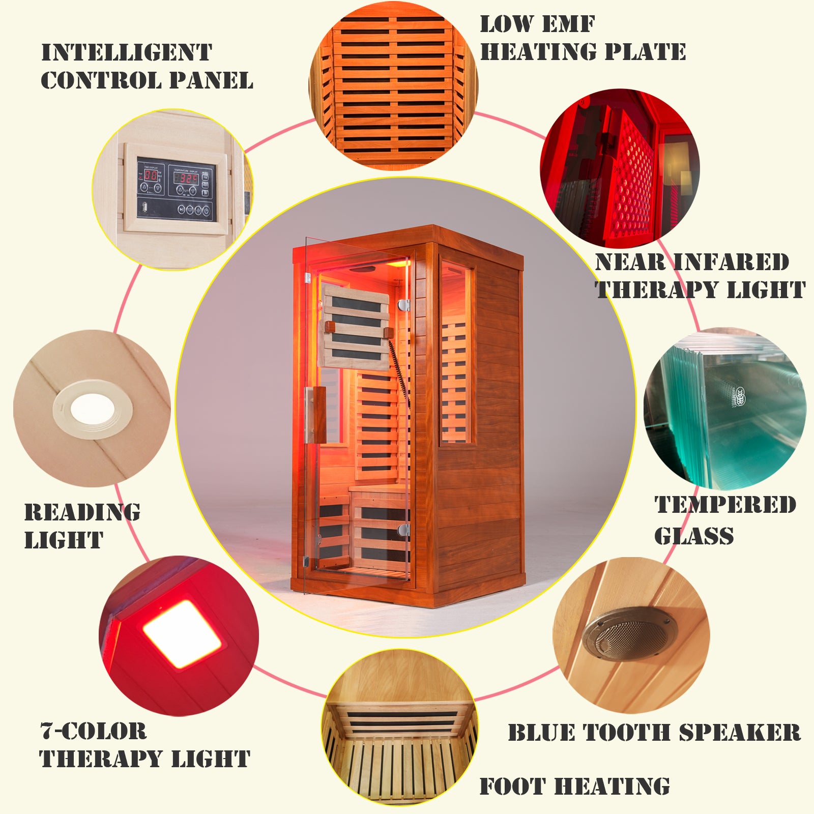 1-Person Far Infrared Sauna Front Door With Red Light Therapy, Low EMF Wooden Sauna Room