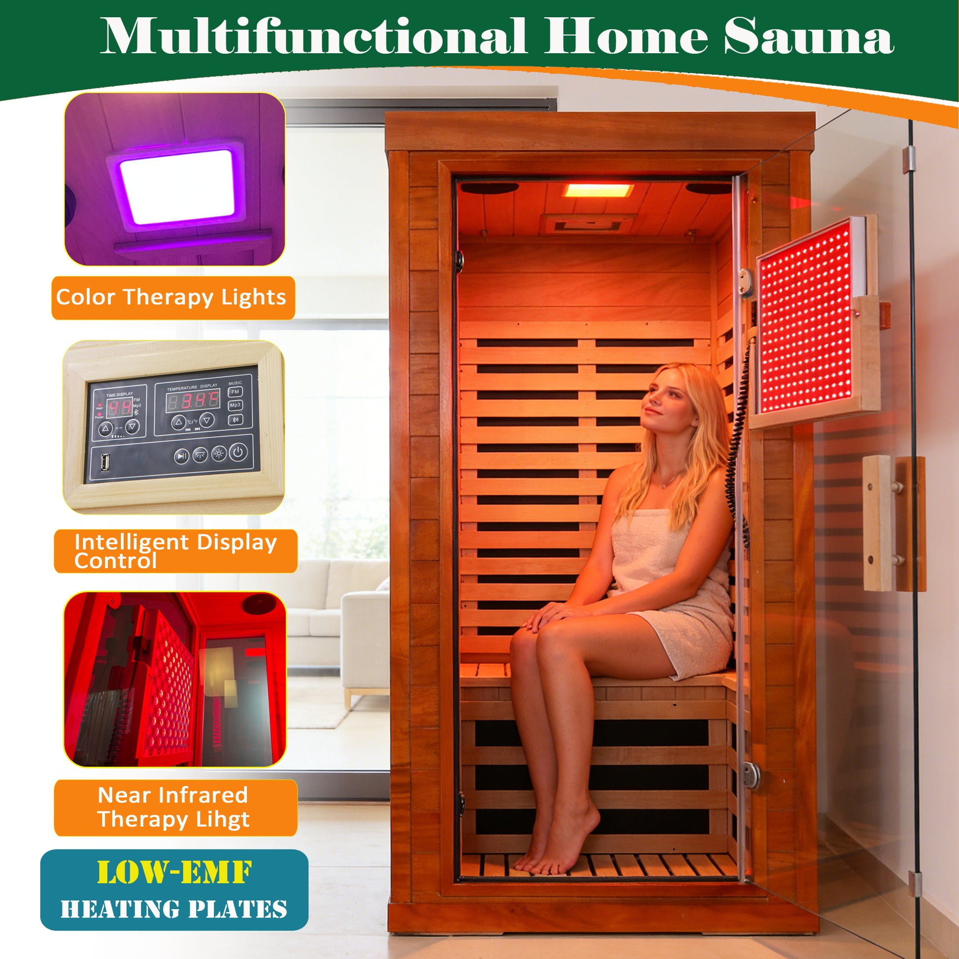 1-Person Far Infrared Sauna Front Door With Red Light Therapy, Low EMF Wooden Sauna Room