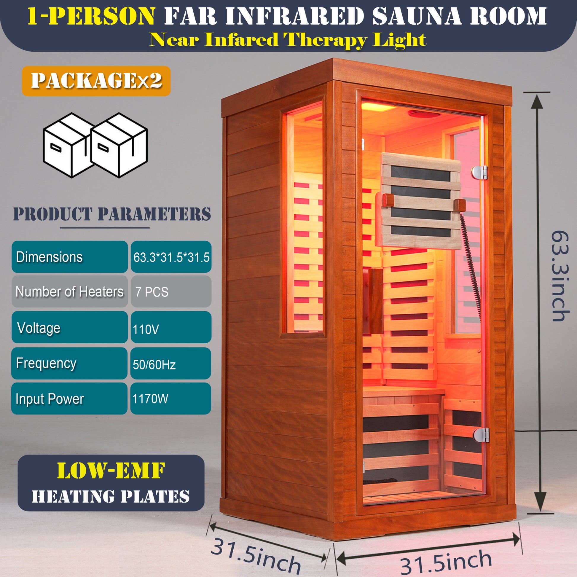 1-Person Far Infrared Sauna Front Door With Red Light Therapy, Low EMF Wooden Sauna Room