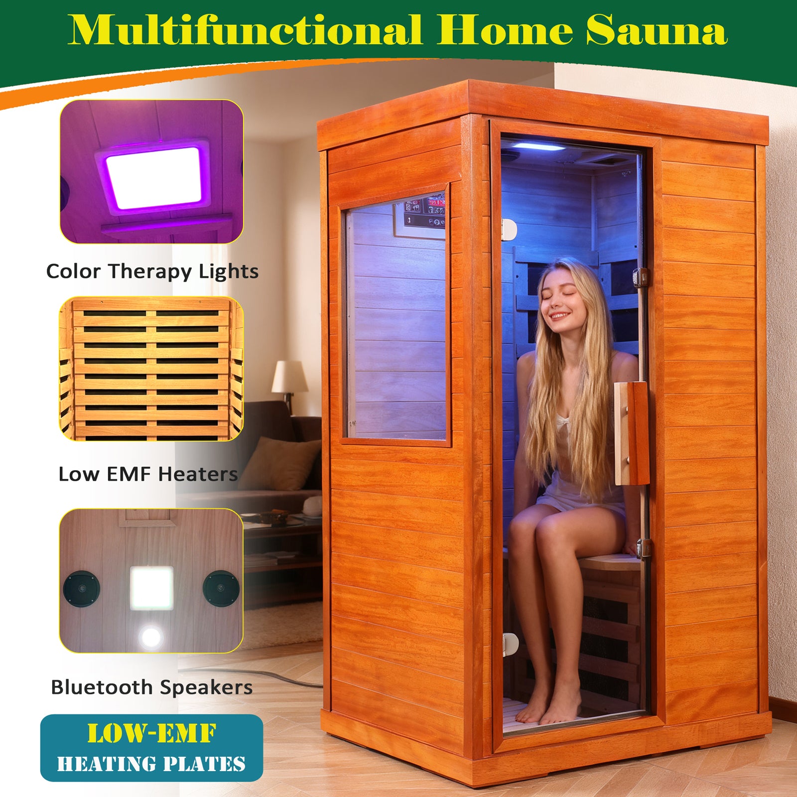 1-Person Far Infrared Sauna Room Indoor Low EMF With Color Therapy Lights