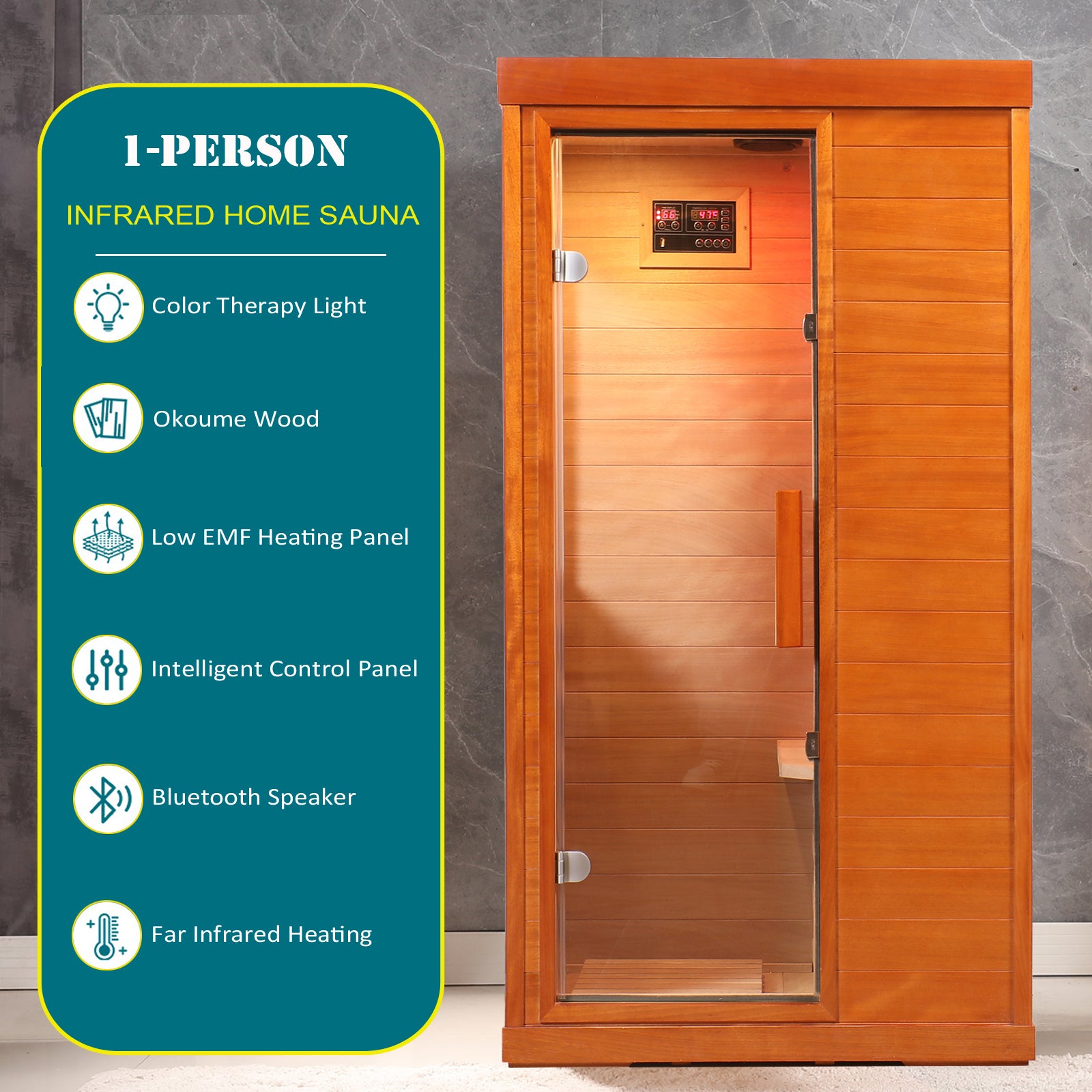 1-Person Far Infrared Sauna Room Indoor Low EMF With Color Therapy Lights