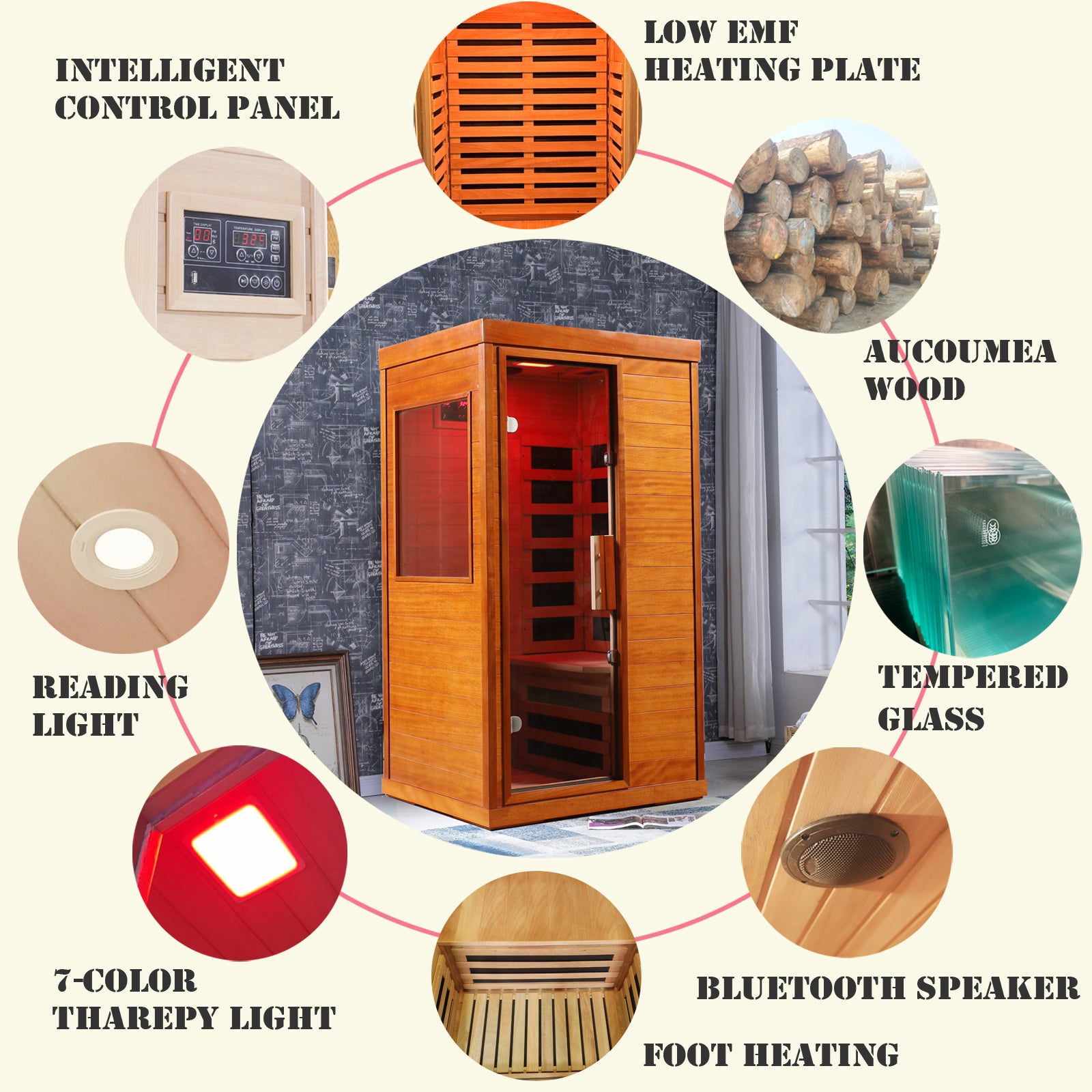 1-Person Far Infrared Sauna Room Indoor Low EMF With Color Therapy Lights