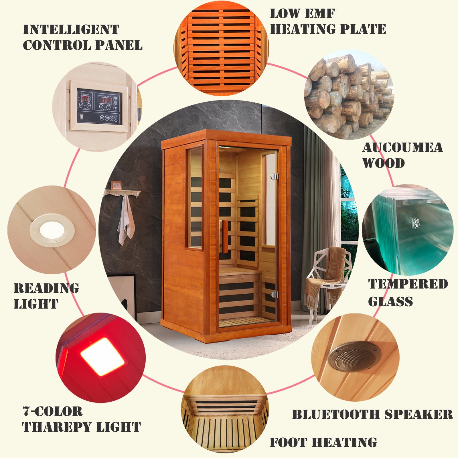 1-Person Home Dry Infrared Sauna with Red Light