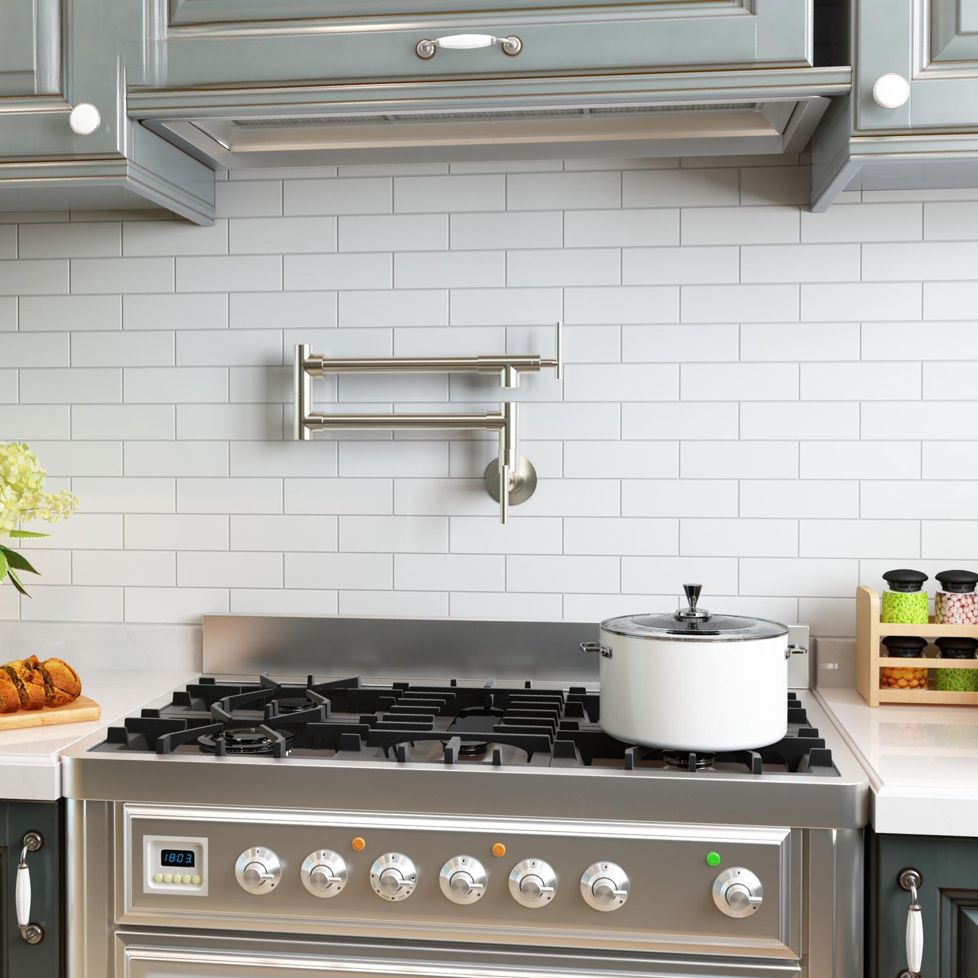Wall Mount Pot Filler Kitchen Faucet with 360° Rotating Arm & Fast-Flow Aerator