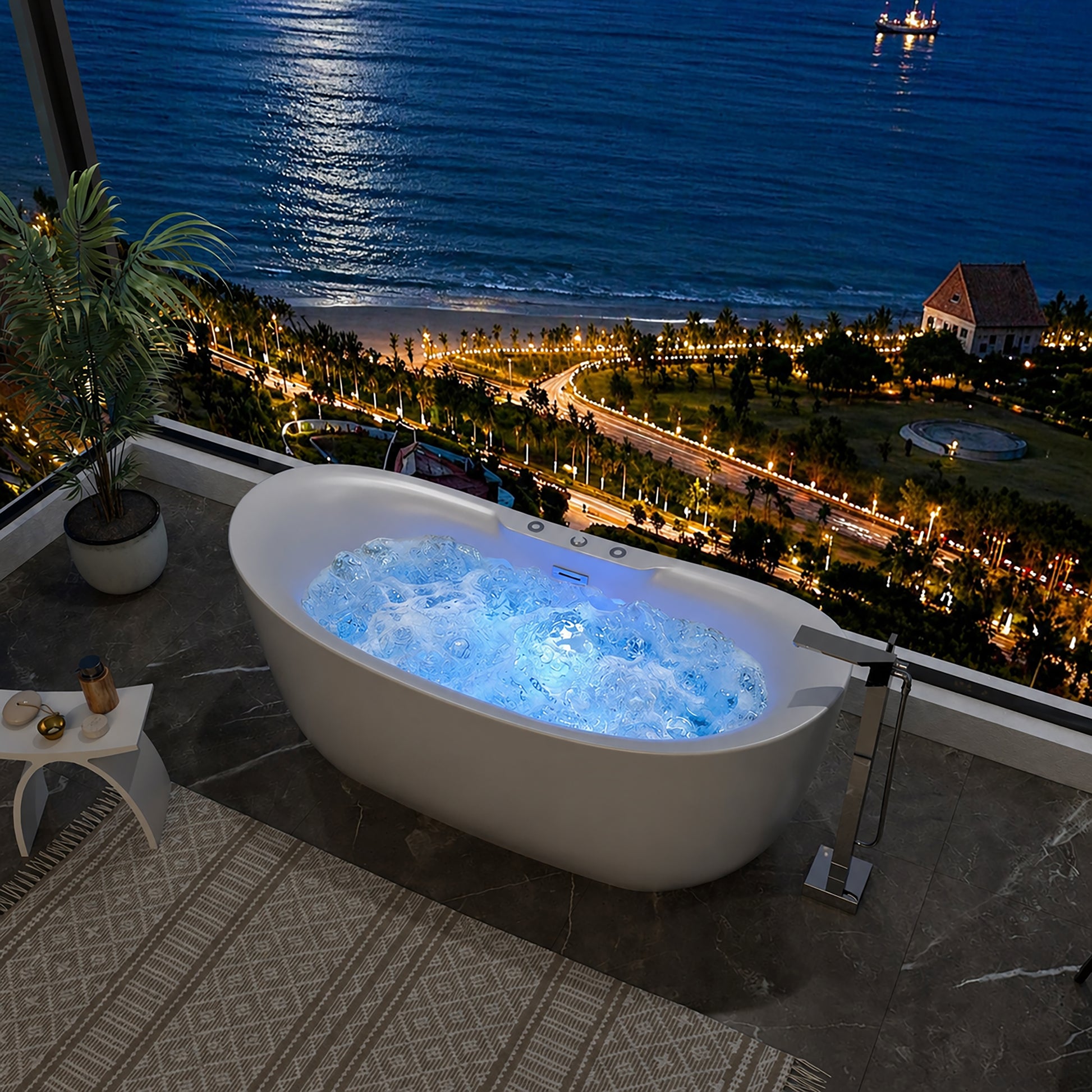CasaCrylic 71" Freestanding Oval Whirlpool Baths with Water Jets & Chromotherapy Lights