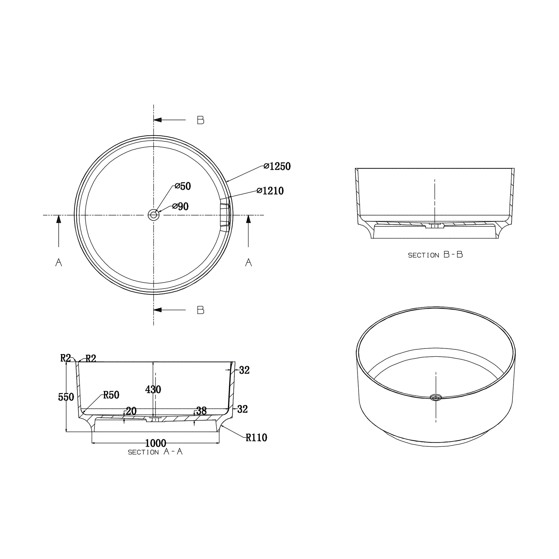 49" Scandinavian Round Solid Surface Freestanding Bathtub, Matte White