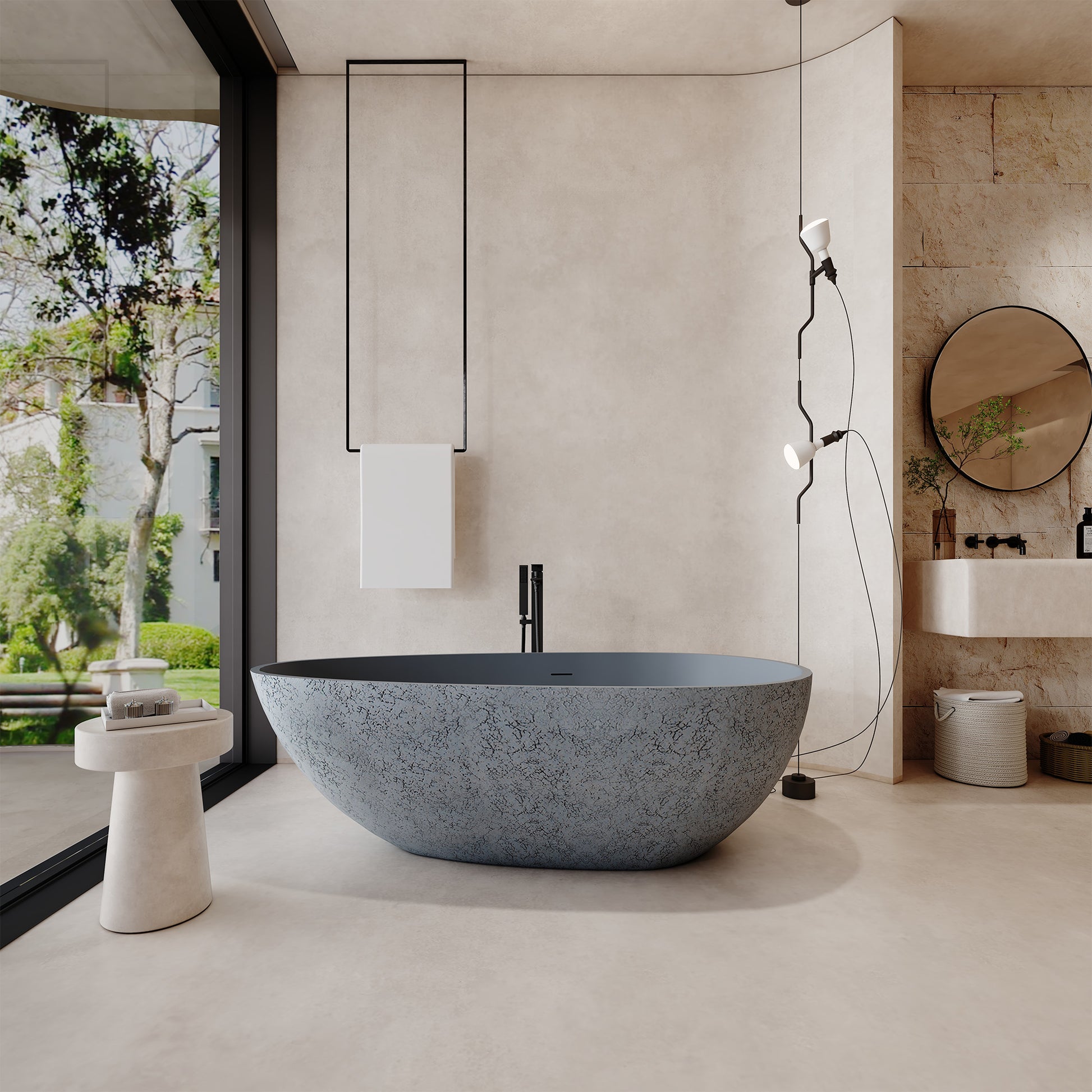 59" Freestanding Resin Stone Soaking Bathtub with Cement-Colored Body and Outer Dot