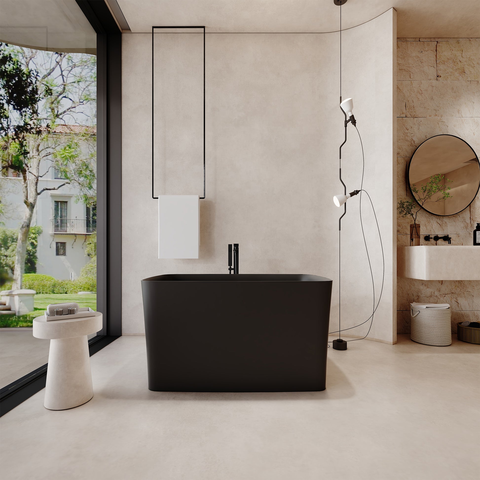 47" Compact Solid Surface Freestanding Bathtub with Mini-Seat Design