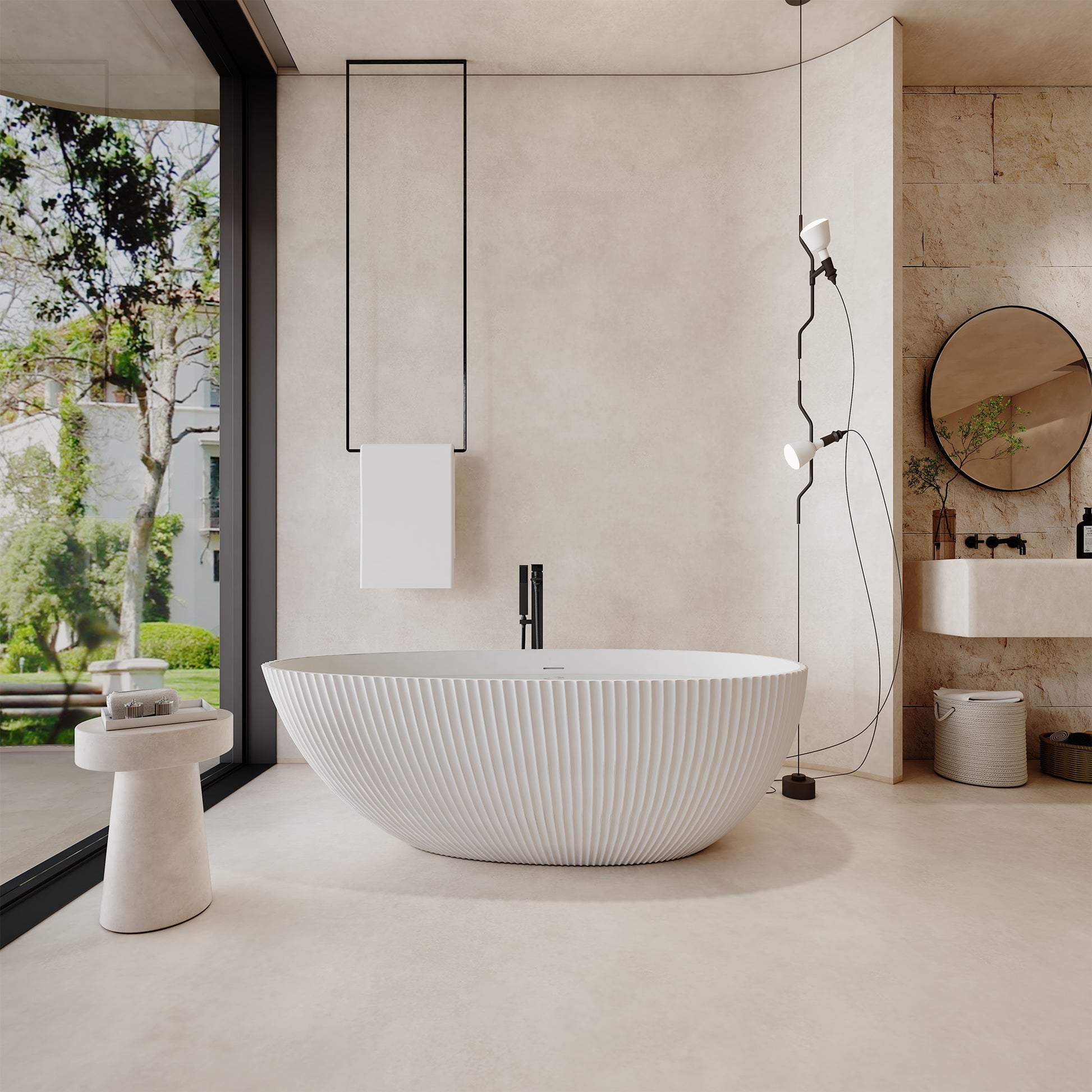 67" Solid Surface Freestanding Soaking Bathtub with Ribbed Textured Design