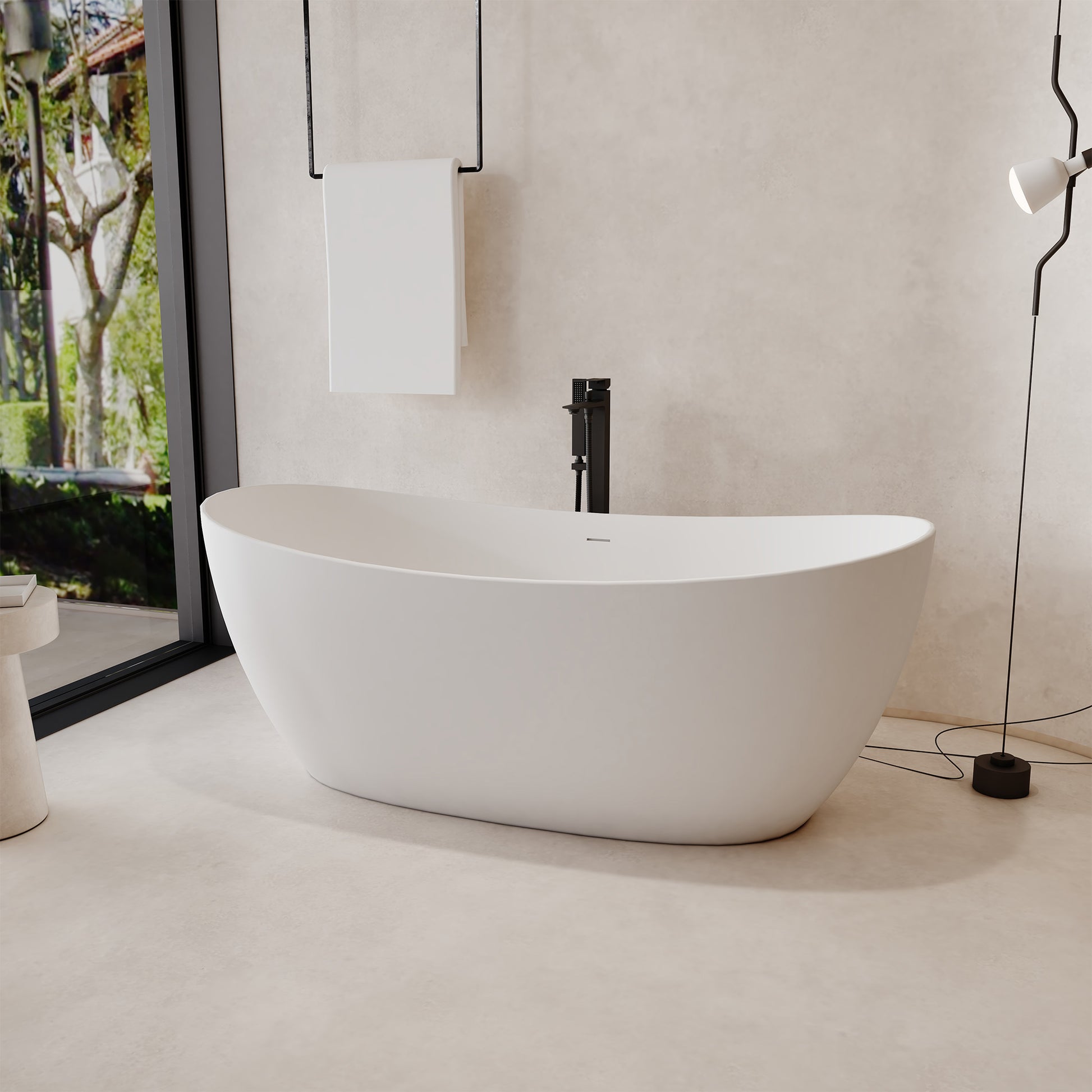 63" Freestanding Solid Surface Stone Bathtub with Symmetrical Moon Design - Crescent