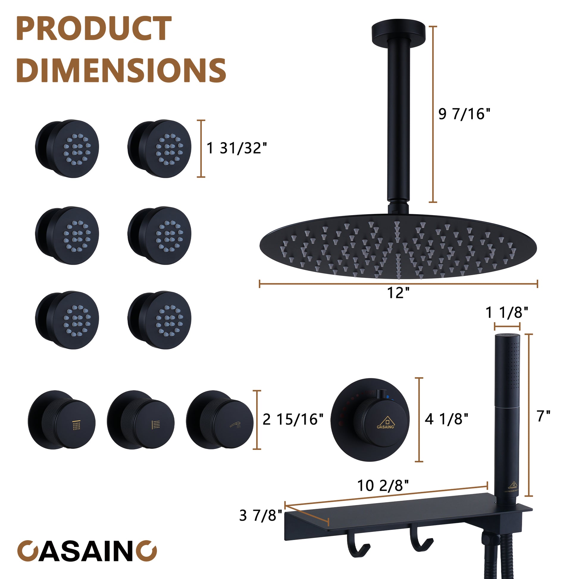 12" Shower System With Shelf, Handheld Shower With Spray Gun Feature