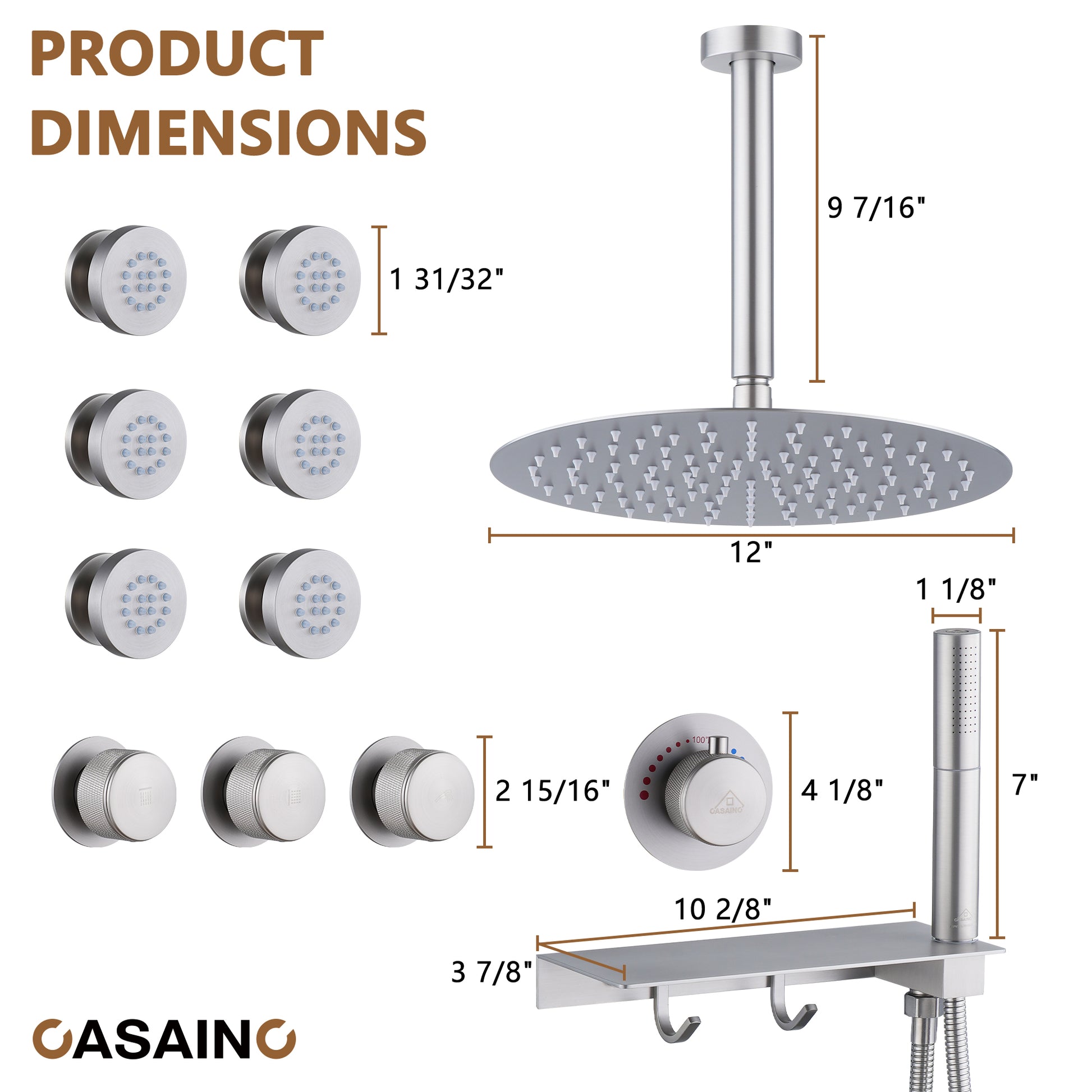 12" Shower System With Shelf, Handheld Shower With Spray Gun Feature