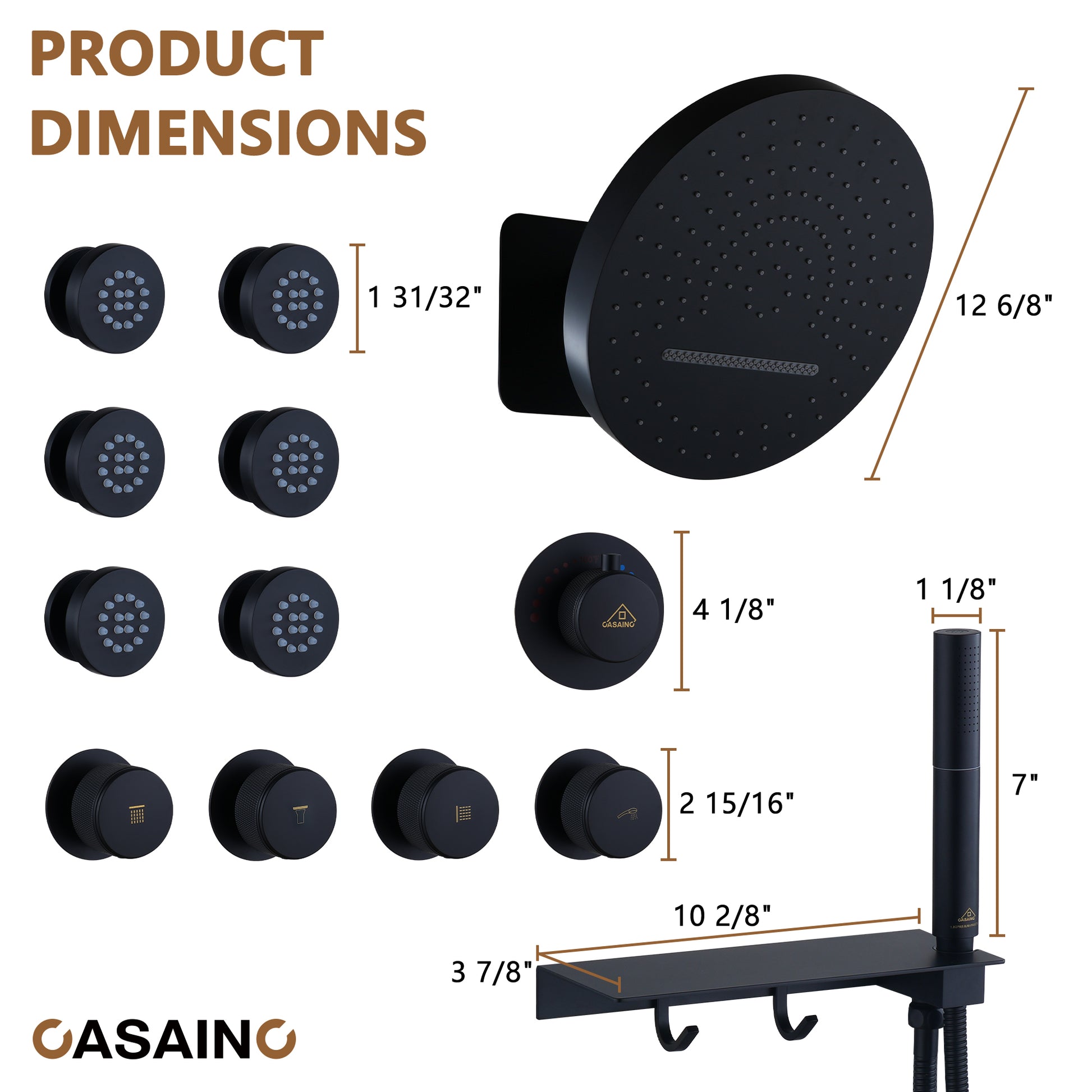 12" Adjustable Shower Head With Shelf Shower System, Hand Shower With Spray Gun Function