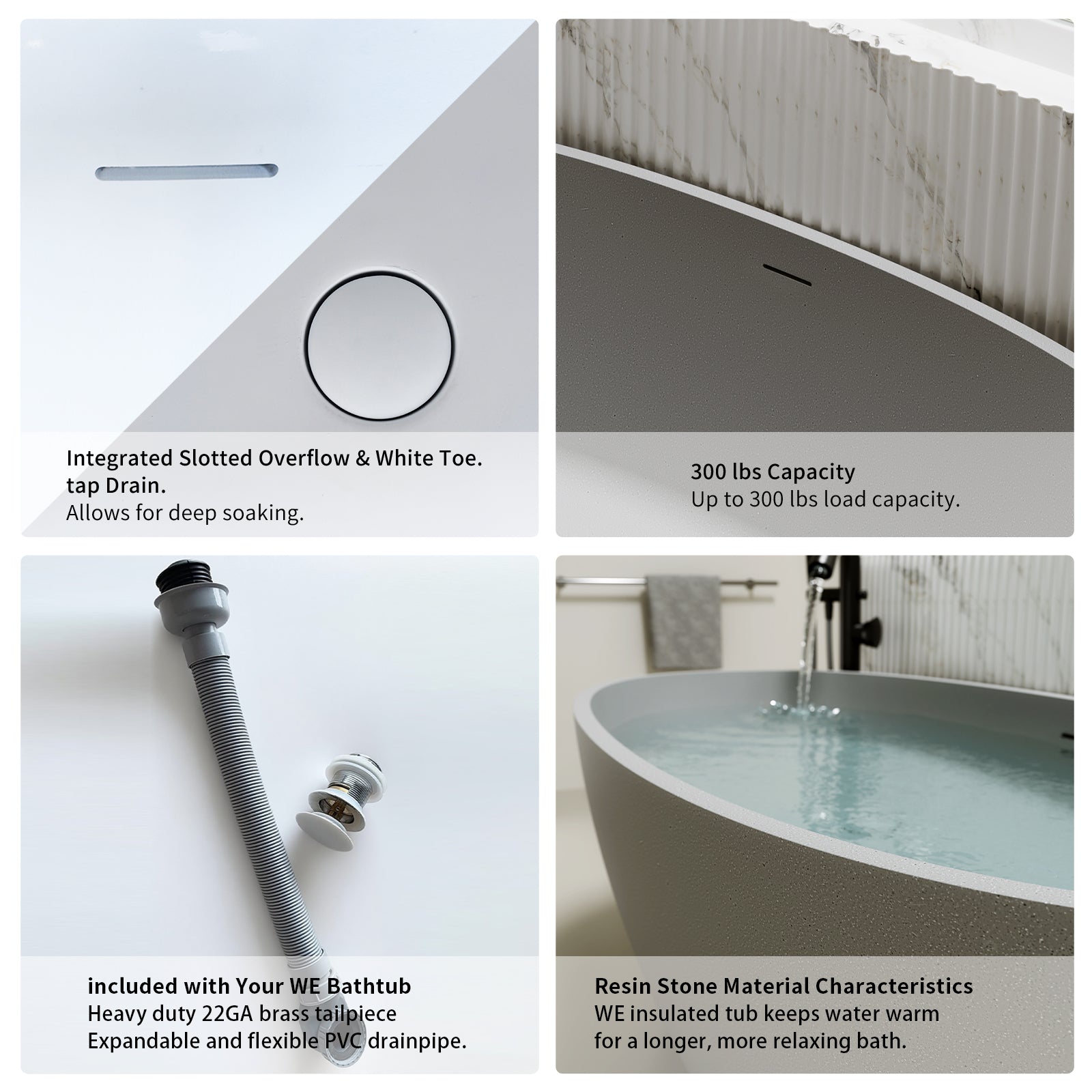 55"/59"/63"/67"/71" Contemporary Grey Stone Resin Soaking Tub with Oval Design and Center Overflow