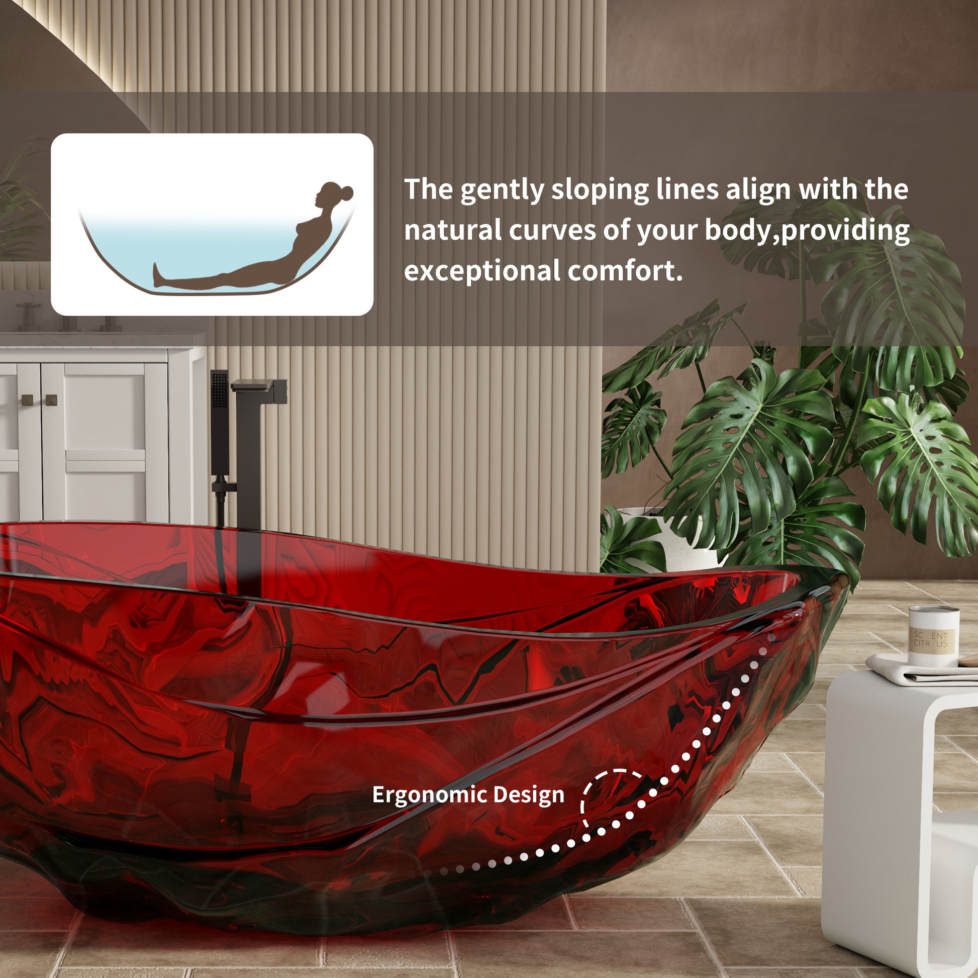 67" Flame Red Water-Ripple Freestanding Resin Soaking Tub with Center Drain