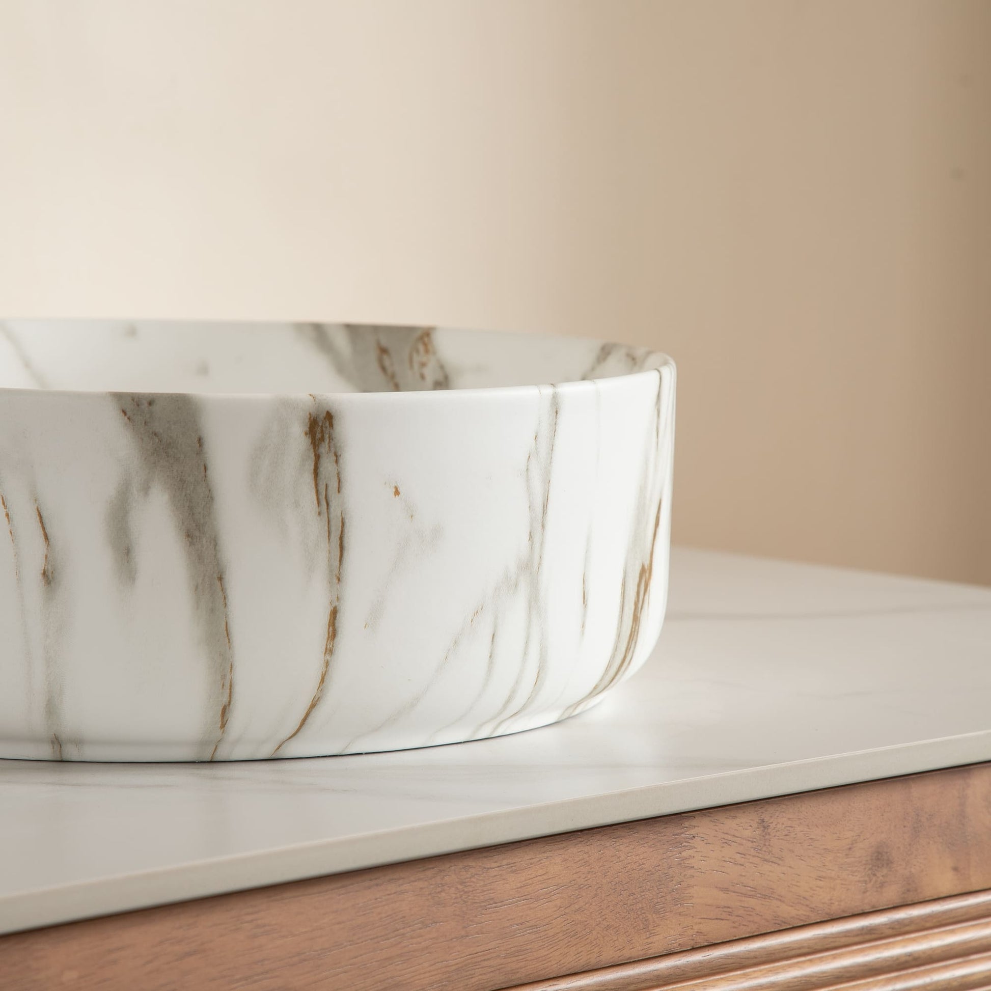 14 in. Round Ceramic Vessel Bathroom Sink in Glossy White / Stone Pattern Matte White