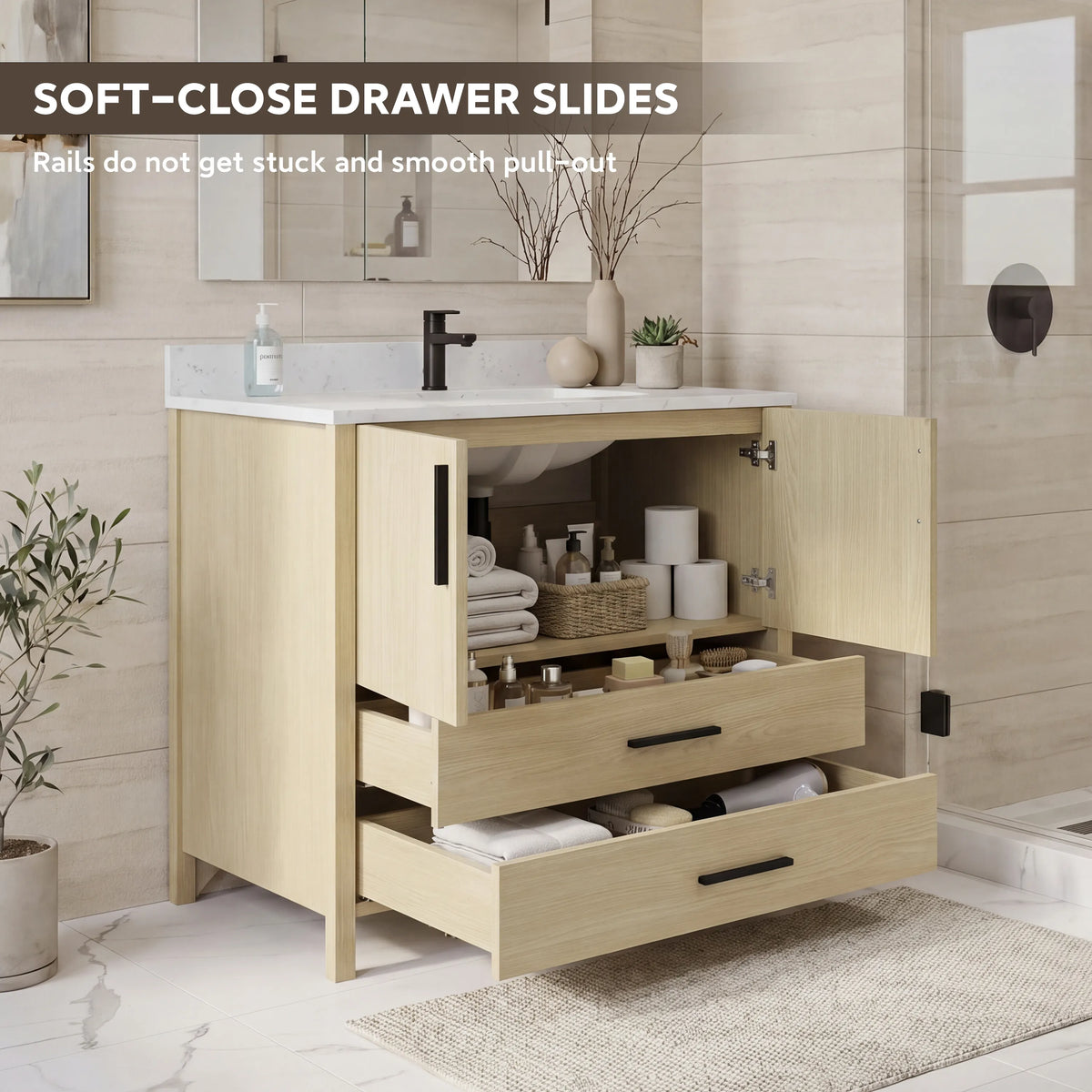 24"/36" Single Sink Bathroom Vanity with Light Natural Wood & Marble Top
