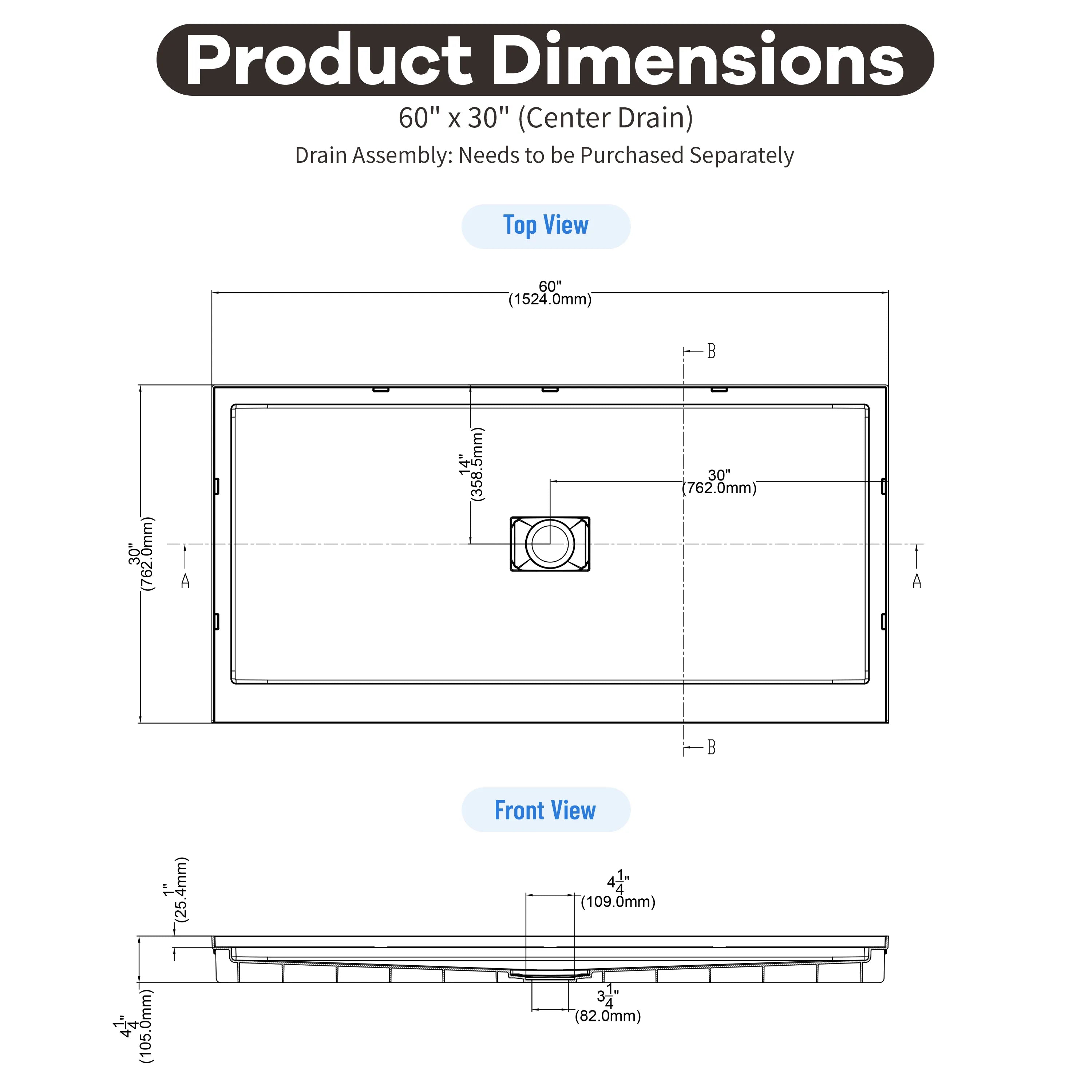 36"-60"x30"-36" White SMC Shower Base with Flamed Rock Slip-Resistant Surface, Center Drain