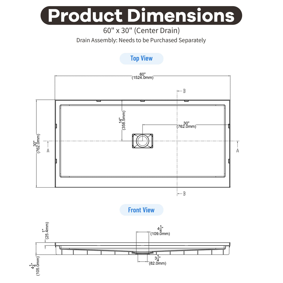 36"-60"x30"-36" White SMC Shower Base with Flamed Rock Slip-Resistant Surface, Center Drain
