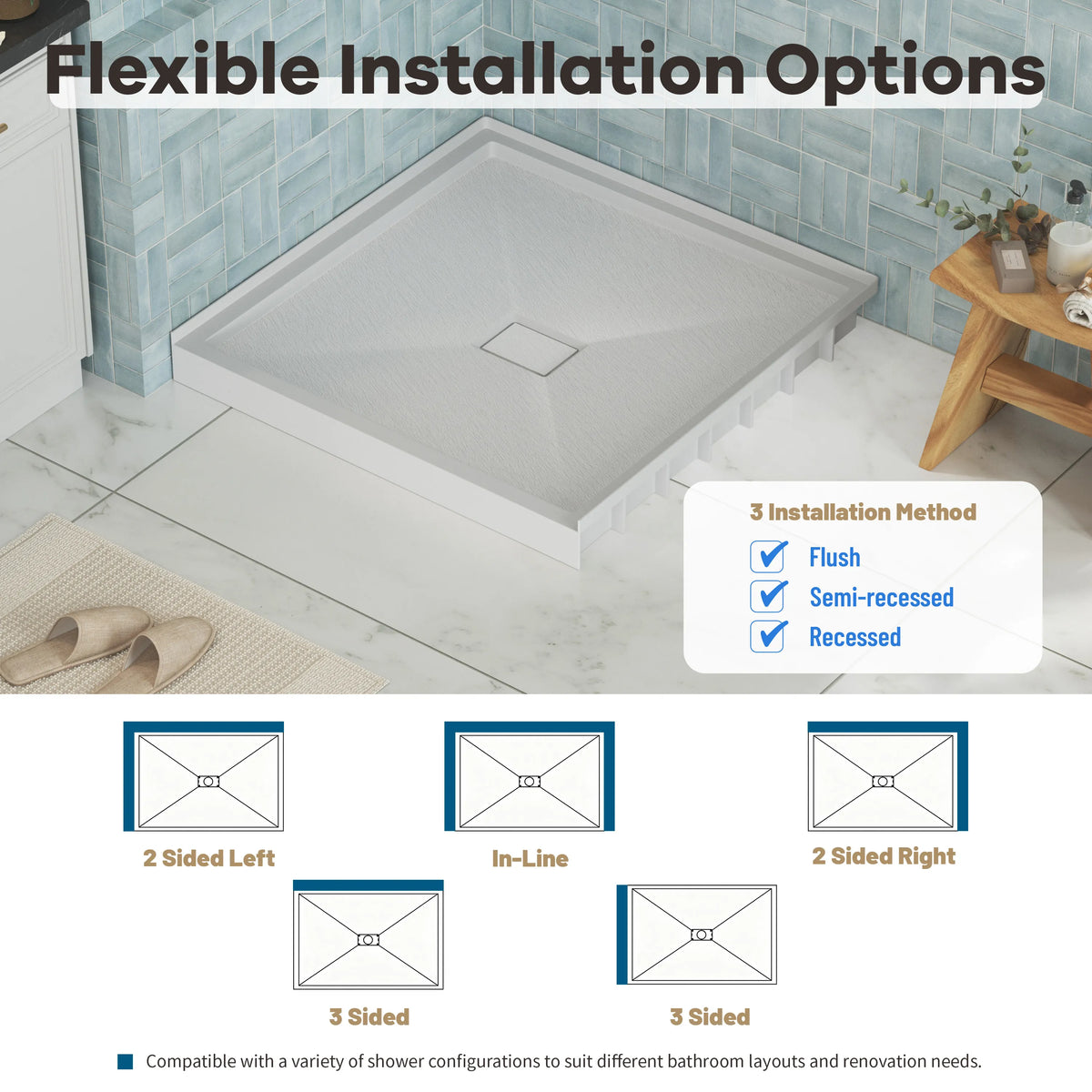 36"x36" Grey One-Piece SMC Shower Pan Base with Anti-Slip Texture