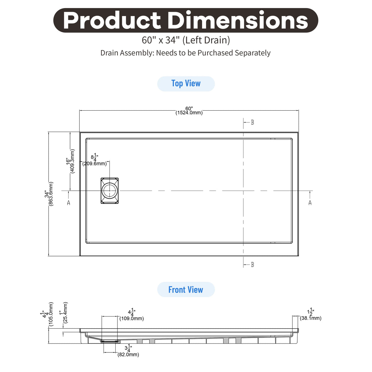 48"/60"x30"-36" White SMC Shower Base with Flamed Rock Slip-Resistant Surface, Left/Right Drain