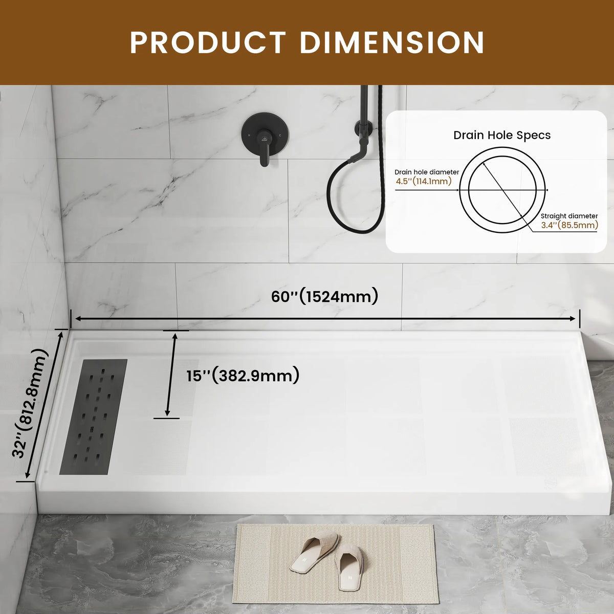 48"/60" x 30"/32"/36" White SMC Rectangular Shower Base with Non-Slip Texture, Left/Right Drain